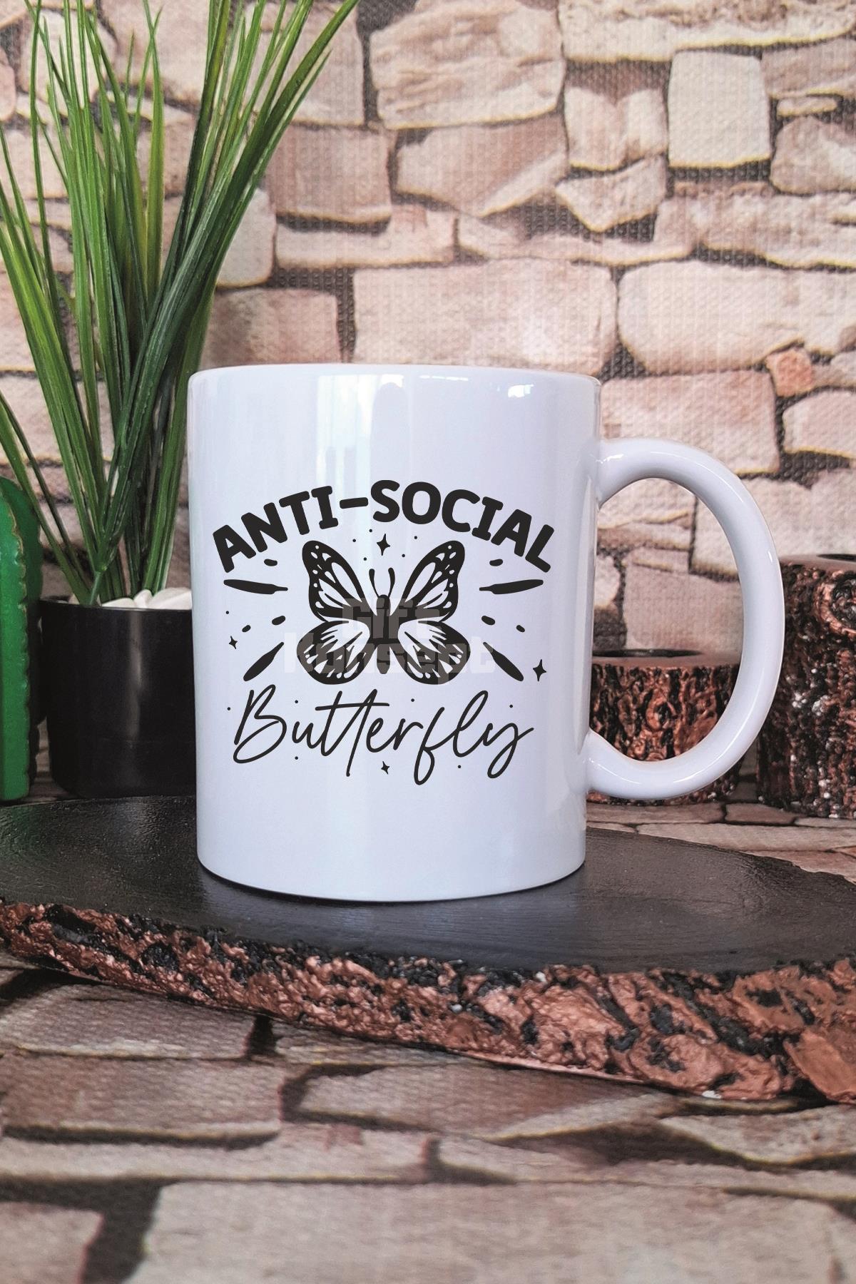 Anti Social Butterfly Baskılı Komik Anti Sosyal Kelebek Hediye Baskılı Kupa Bardak