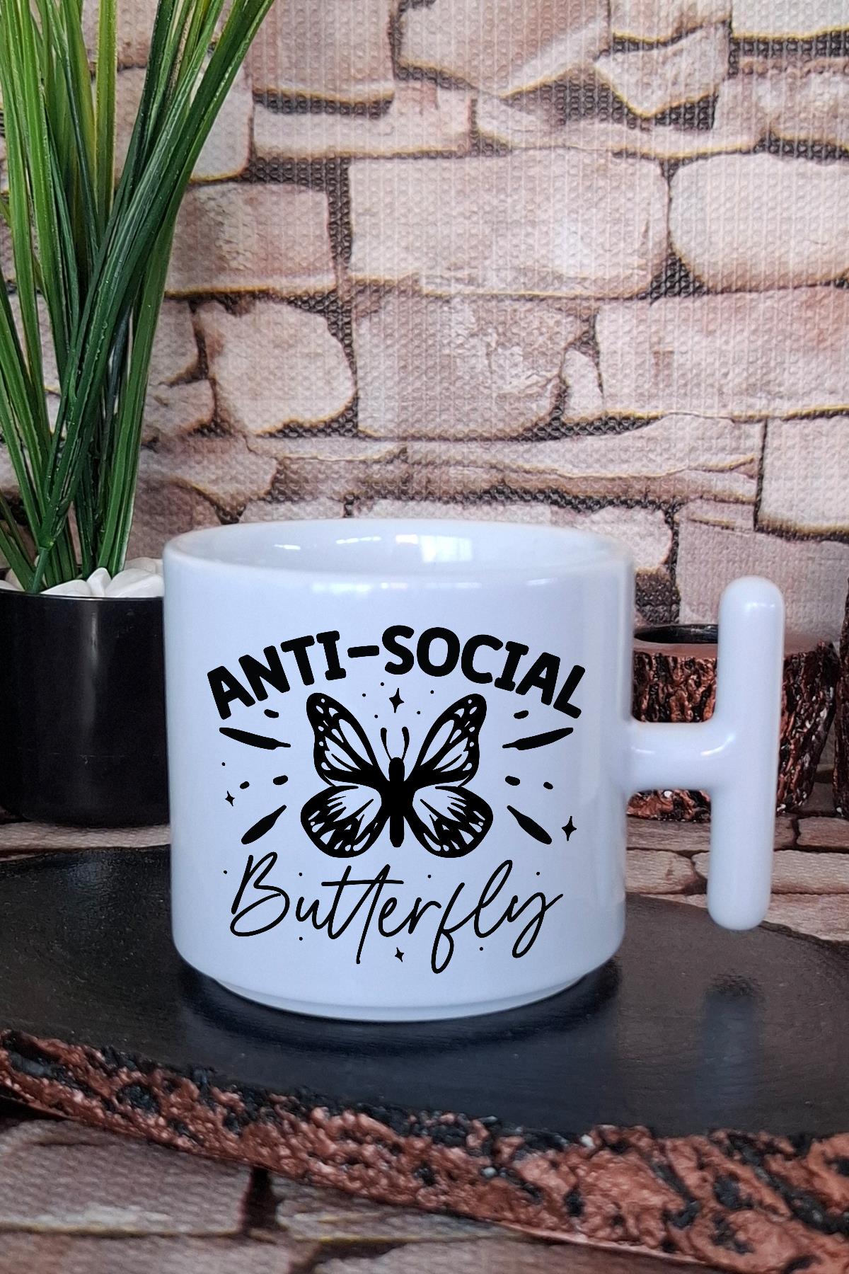 Anti Social Butterfly Baskılı Komik Hediye Baskılı T Kulplu Latte Fincanı Kupa Bardak