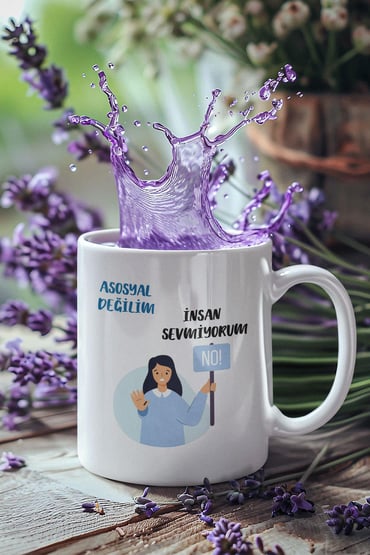 Asosyal Değilim İnsan Sevmiyorum-5 Baskılı Hediyelik Eğlenceli Sevimli Beyaz Kupa Bardak