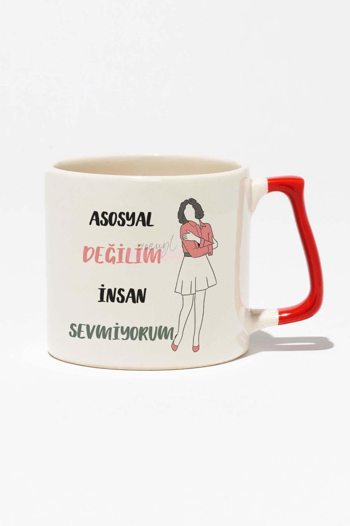 Asosyal Değilim İnsan Sevmiyorum-6 Hediyelik Eğlenceli Baskılı Kırmızı Kulplu Modern Seramik Kupa