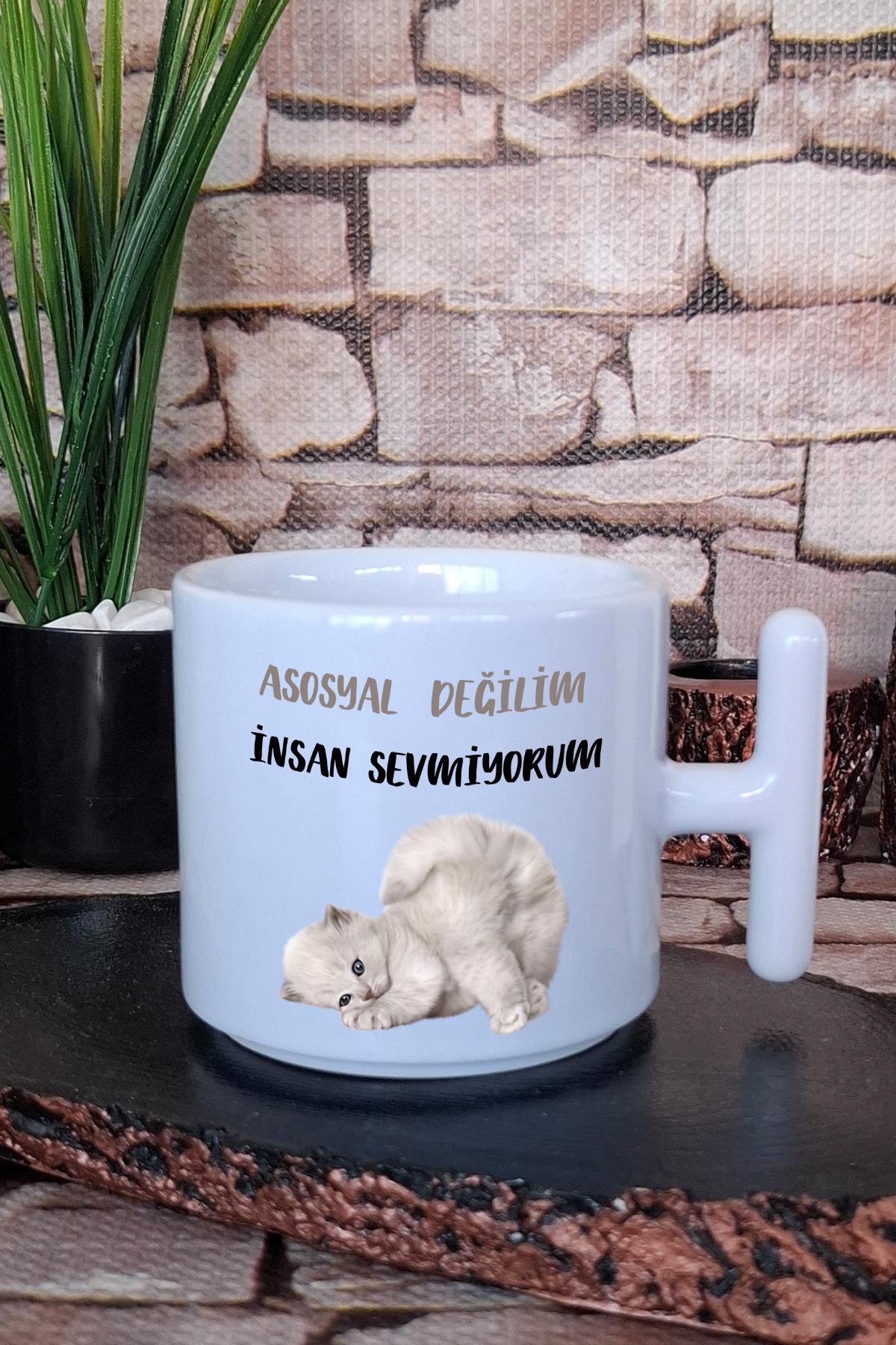 Asosyal Değilim İnsan Sevmiyorum Baskılı Hediyelik Sevimli T Kulplu Latte Fincanı Kupa Bardak
