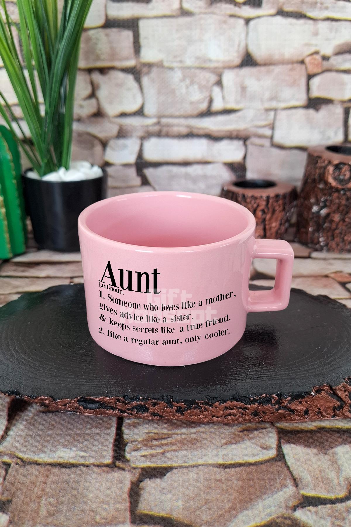 Aunt Desenli Baskılı Modern Hala Teyze Kare Kulplu Fincan Mavi Kupa Bardak