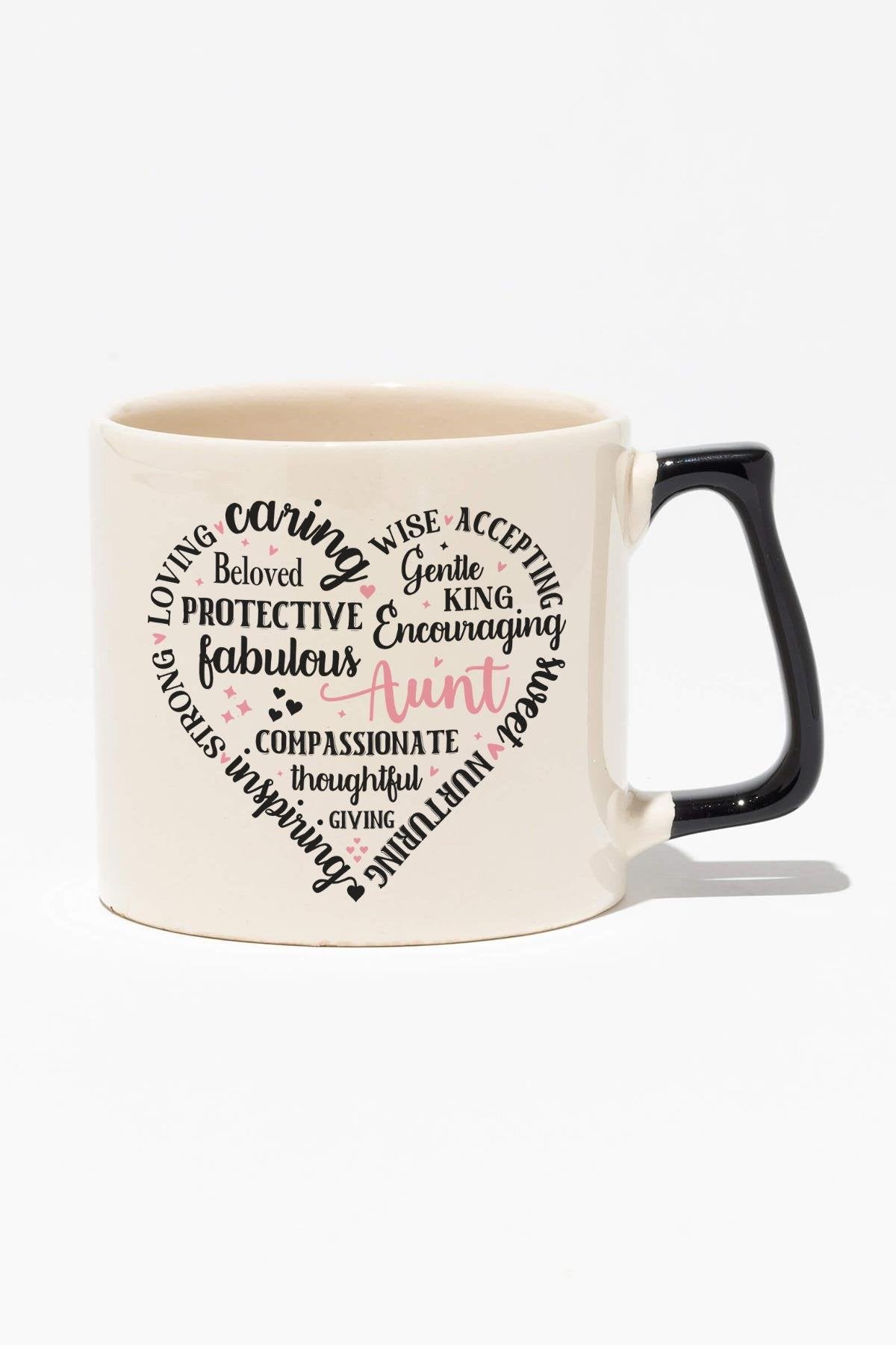 Aunt Heart Shape Baskılı Hala Teyze Hediyelik Siyah Kulplu Modern Seramik Kupa