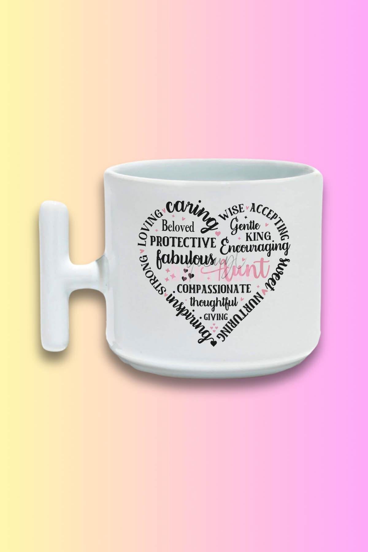 Aunt Heart Shape Baskılı Hala Teyze Hediyelik T Kulplu Latte Fincanı Kupa Bardak