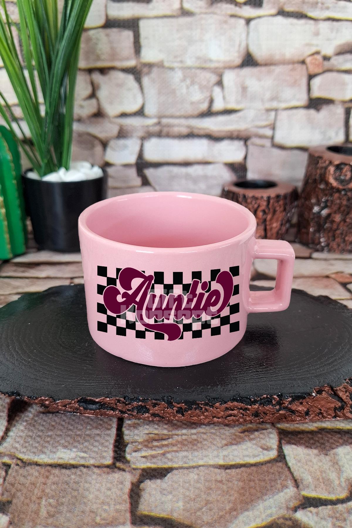 Auntie Baskılı Hala Teyze Kare Kulplu Fincan Mavi Kupa Bardak