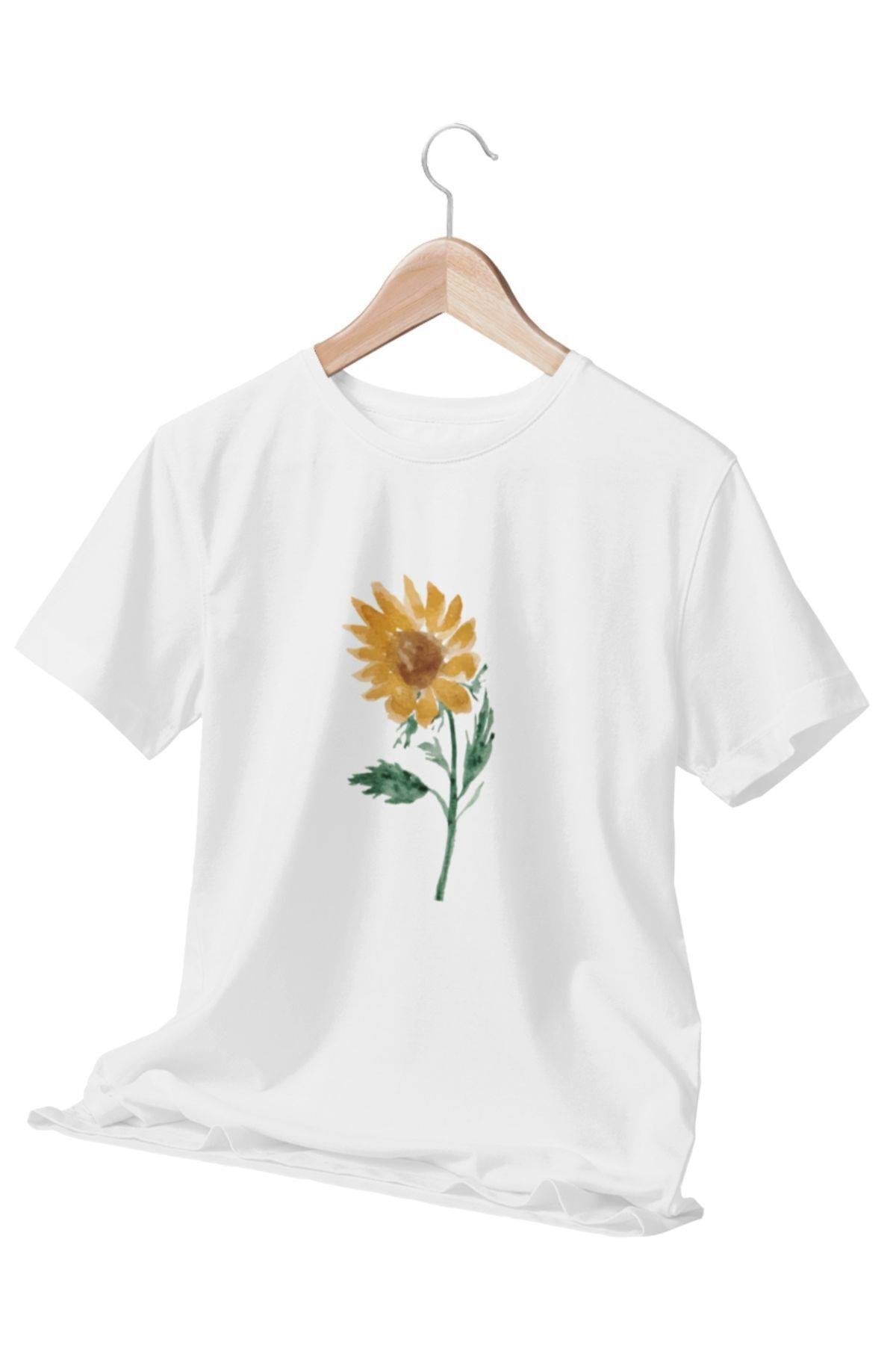 Ay Çiçeği Baskılı Beyaz Unisex T-Shirt