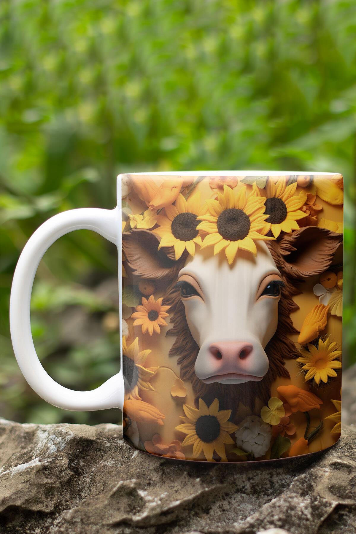 Ayçiçeği ve İnek Temalı 3D Tasarım Görünümlü Baskılı Kupa Bardak Mug