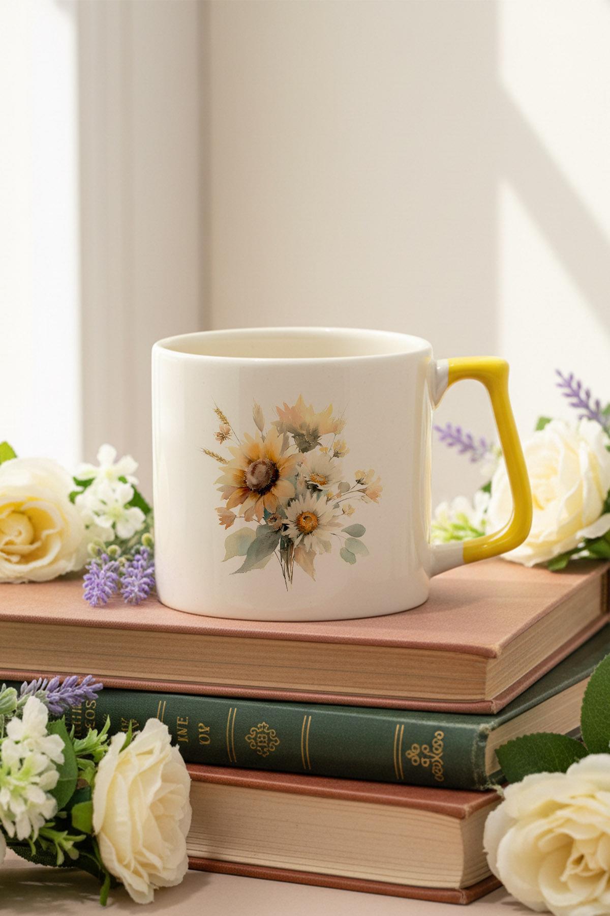 Ayçiçekleri Sonbahar Teması No:1 Baskılı Sarı D Kulplu Kupa Bardak