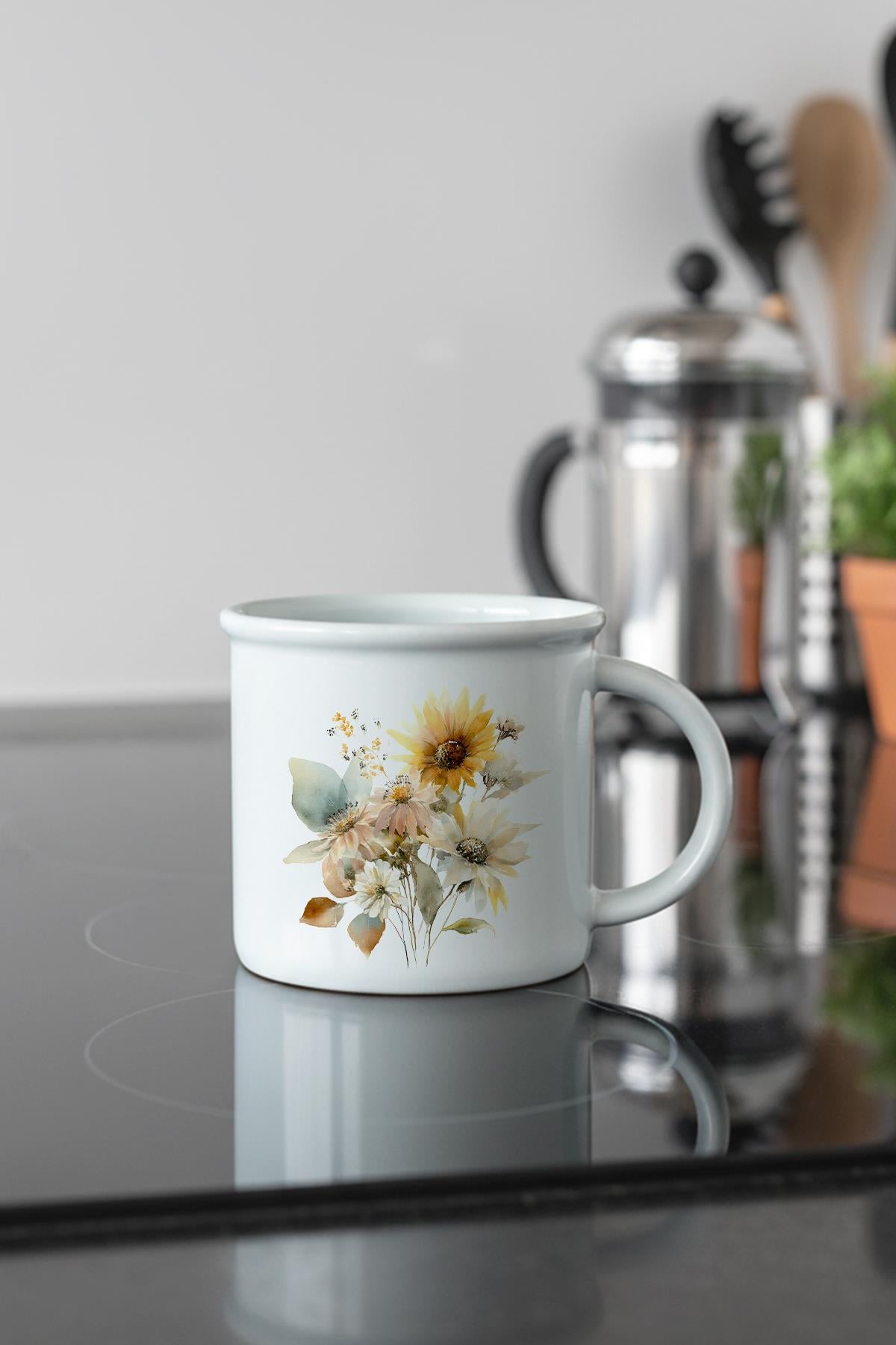 Ayçiçekleri Sonbahar Teması No:2 Baskılı Enamel Görünümlü Seramik Vintage Kupa Bardak