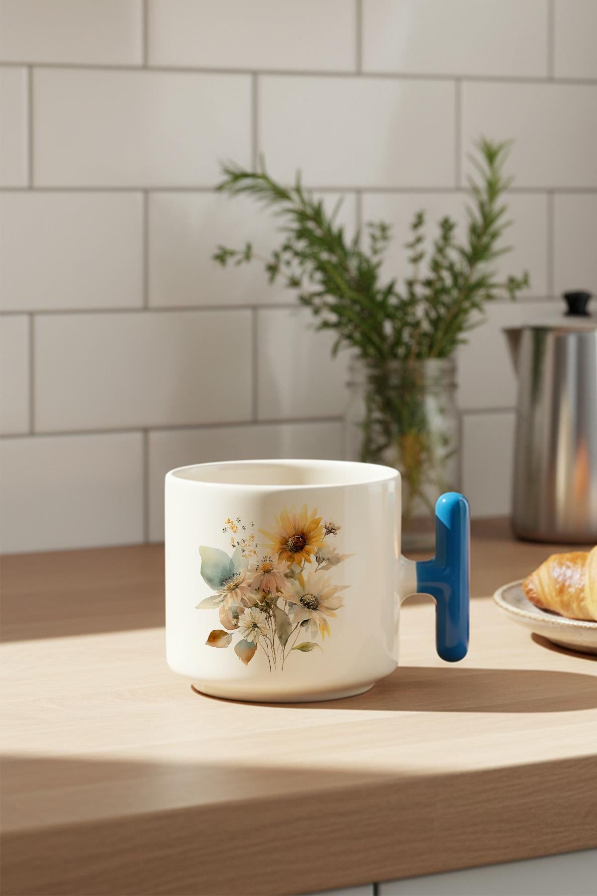 Ayçiçekleri Sonbahar Teması No:2 Baskılı Hediyelik T Kulplu Latte Fincanı Kupa Bardak