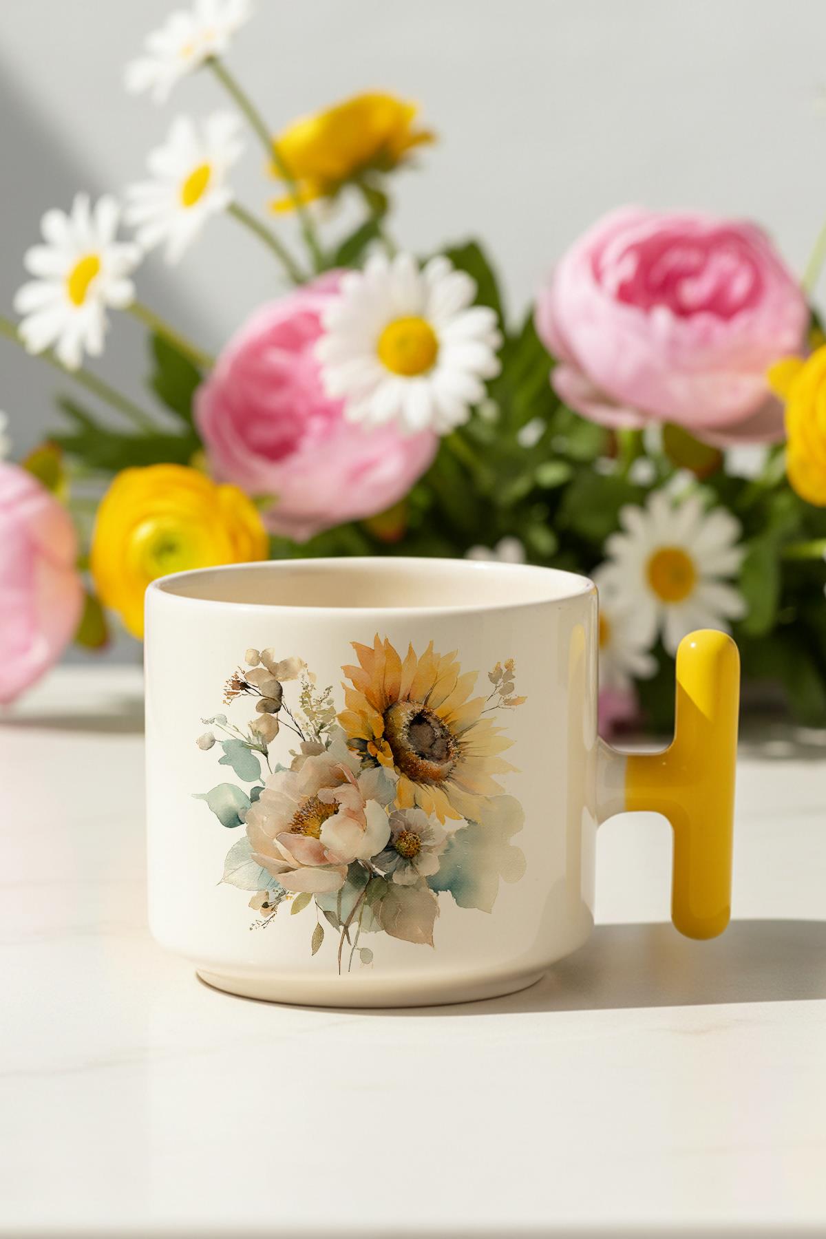 Ayçiçekleri Sonbahar Teması No:3 Baskılı Hediyelik T Kulplu Latte Fincanı Kupa Bardak