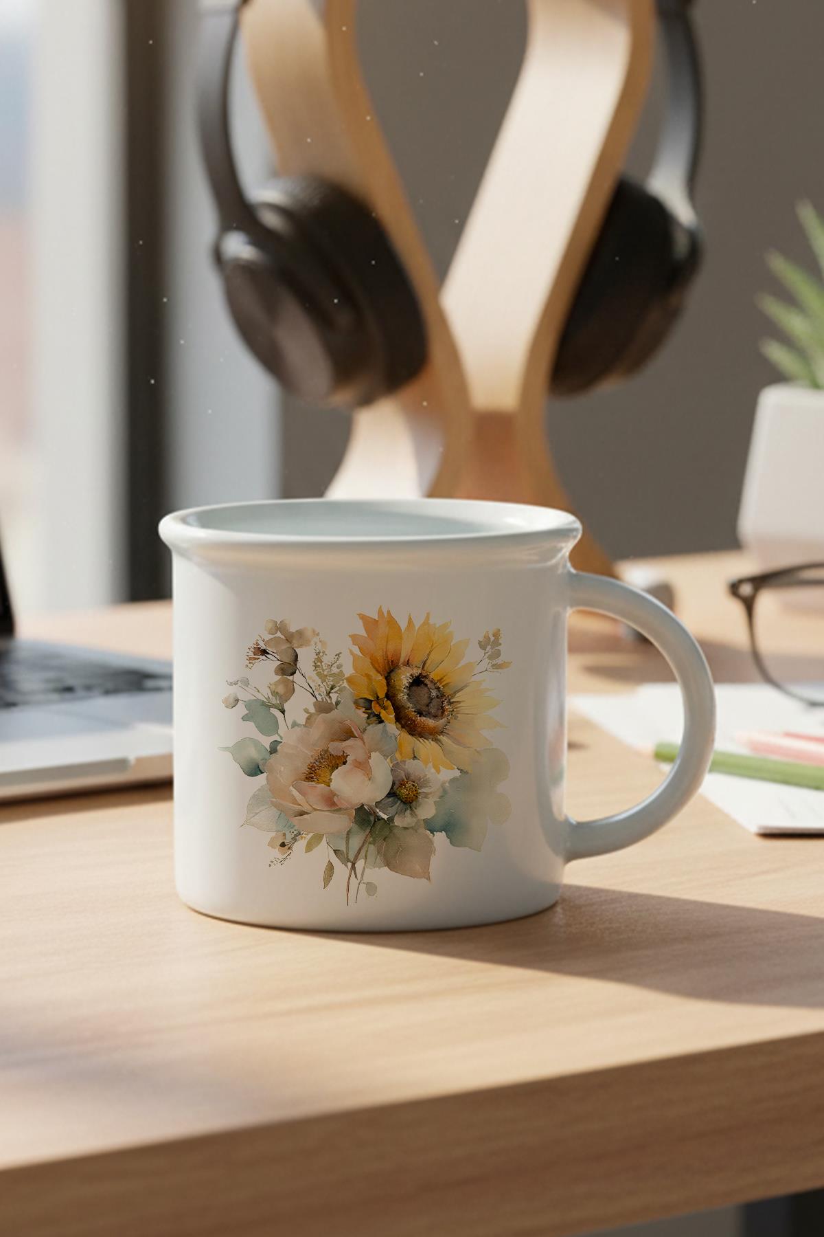 Ayçiçekleri Sonbahar Teması No:3 Baskılı Enamel Görünümlü Seramik Vintage Kupa Bardak