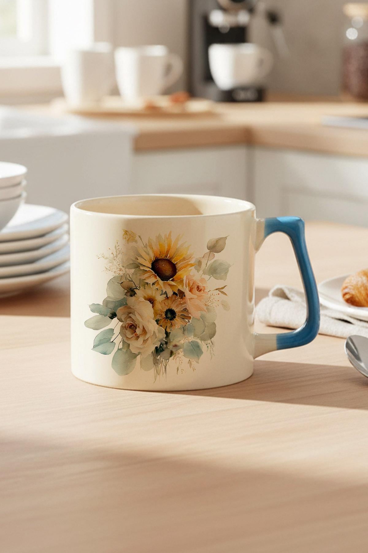 Ayçiçekleri Sonbahar Teması No:4 Baskılı Mavi D Kulplu Kupa Bardak