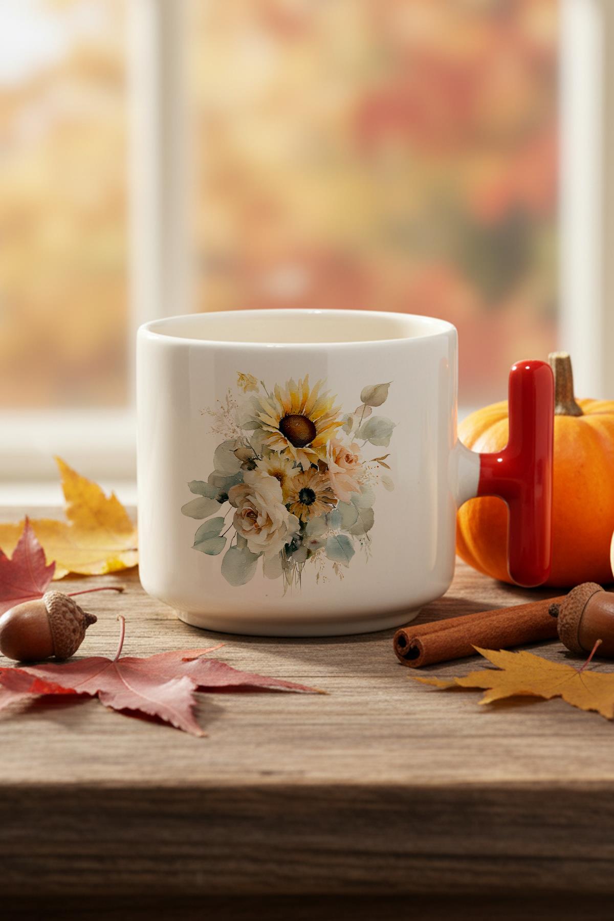 Ayçiçekleri Sonbahar Teması No:4 Baskılı Hediyelik T Kulplu Latte Fincanı Kupa Bardak