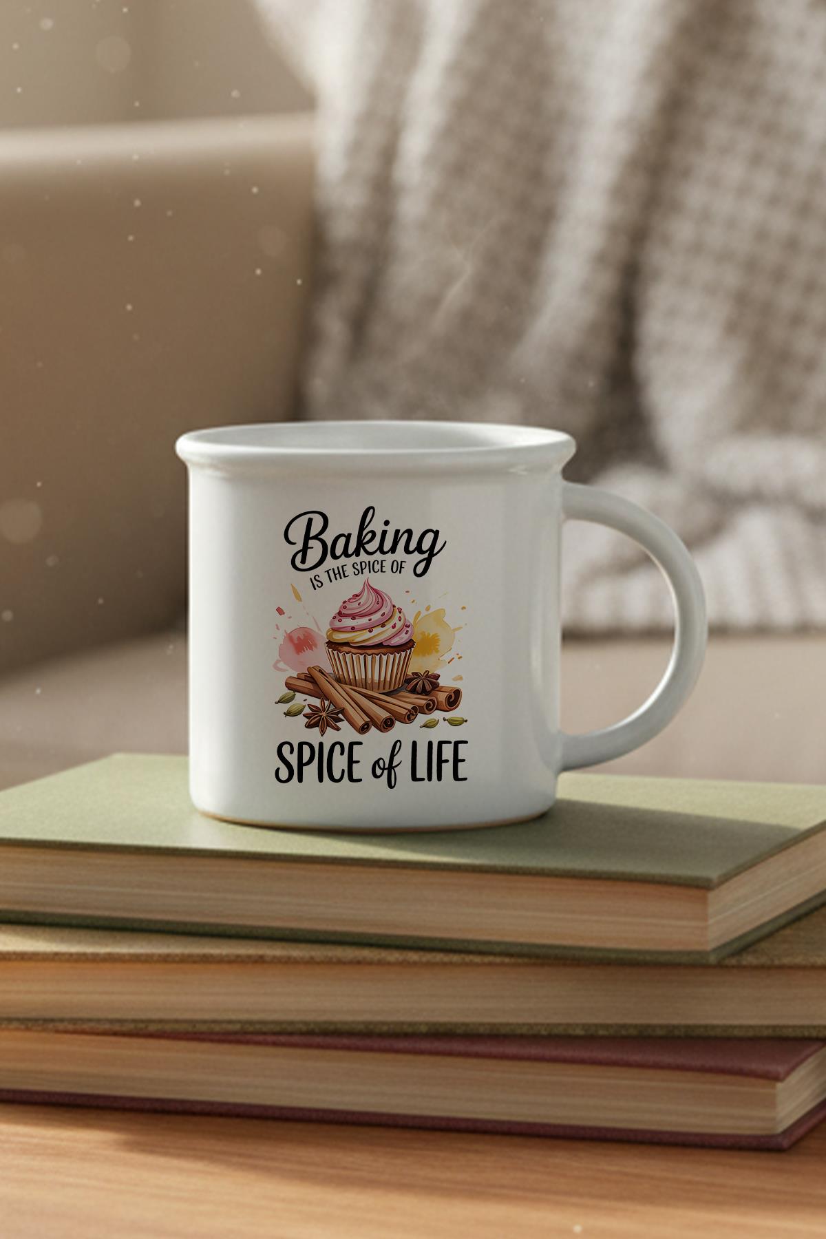 Baking Is The Spice Of Love Baskılı Enamel Görünümlü Seramik Vintage Kupa Bardak
