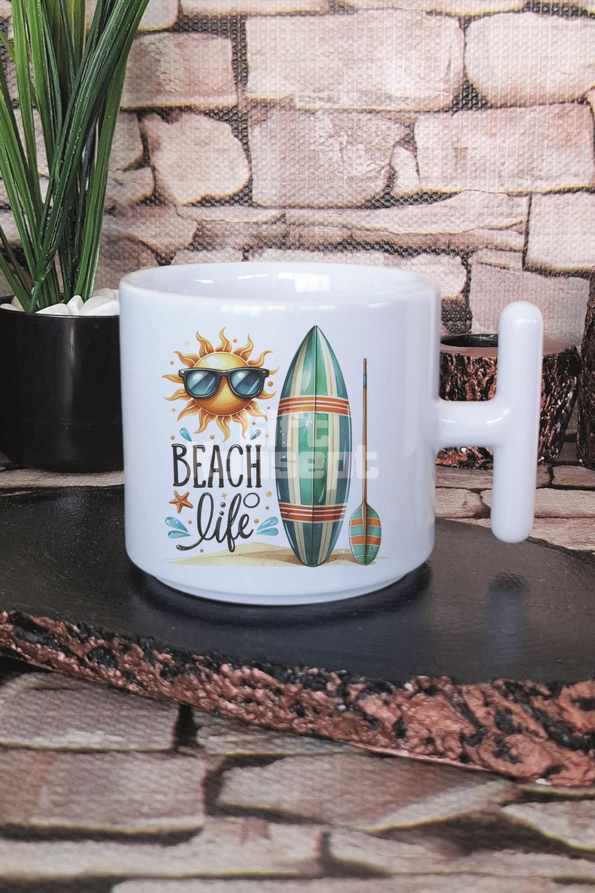 Beach Life Baskılı T Kulplu Latte Fincanı Kupa Bardak