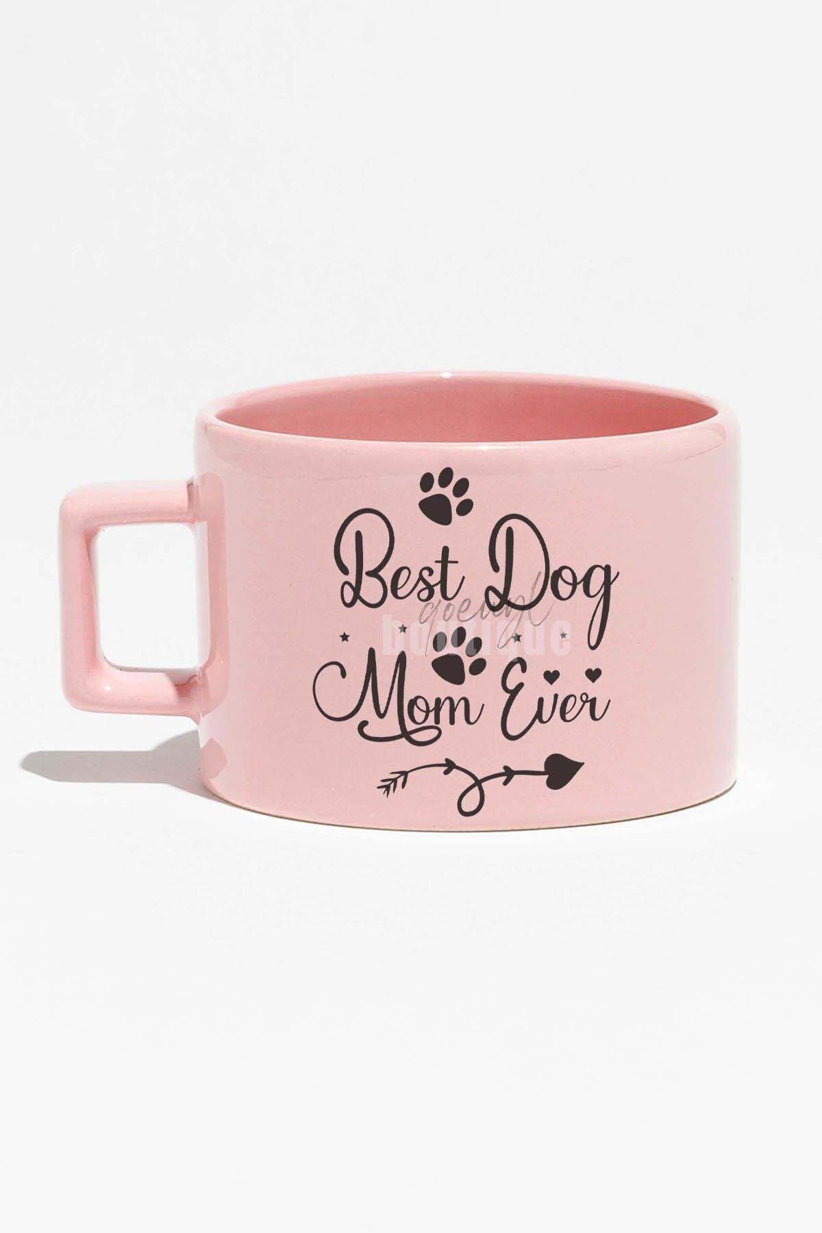 Best Dog Mom Ever No:2 Baskılı Anneler Günü Hediyelik Mavi Dikdörtgen Kulplu Fincan Kupa Bardak