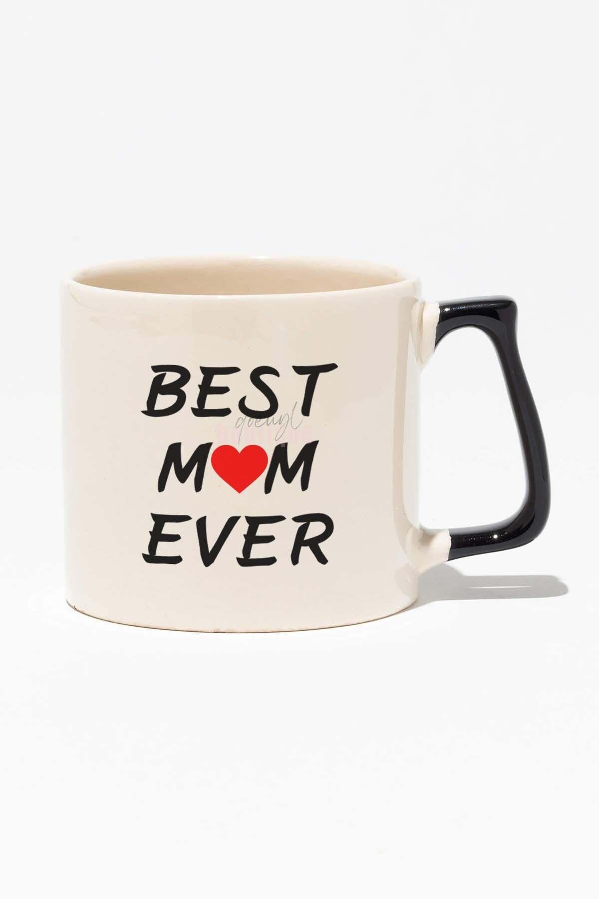 Best Mom Ever Anneler Günü Baskılı Kırmızı Kulplu Modern Seramik Kupa