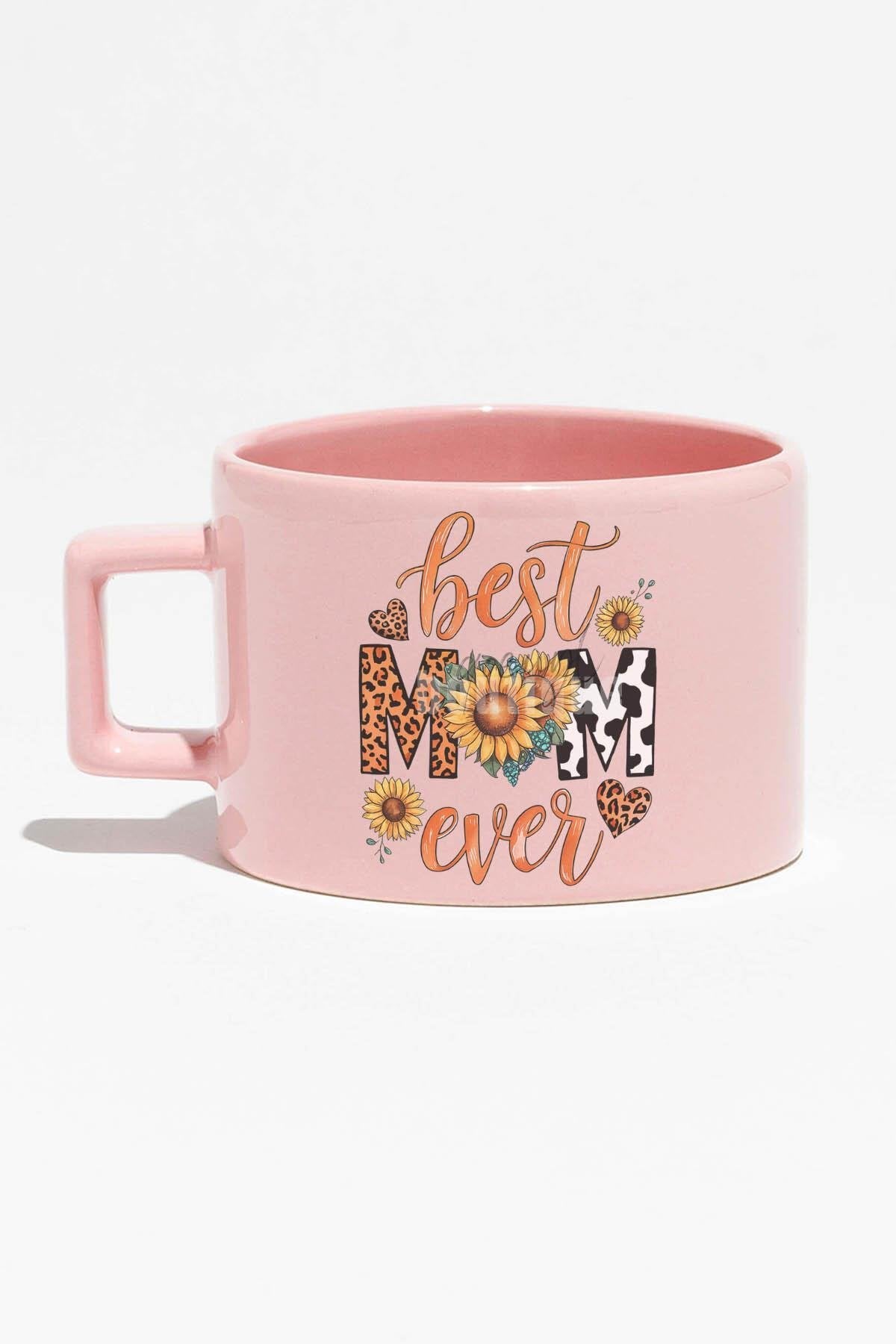 Best Mom Ever Baskılı Anneler Günü Hediyelik Mavi Dikdörtgen Kulplu Fincan Kupa Bardak