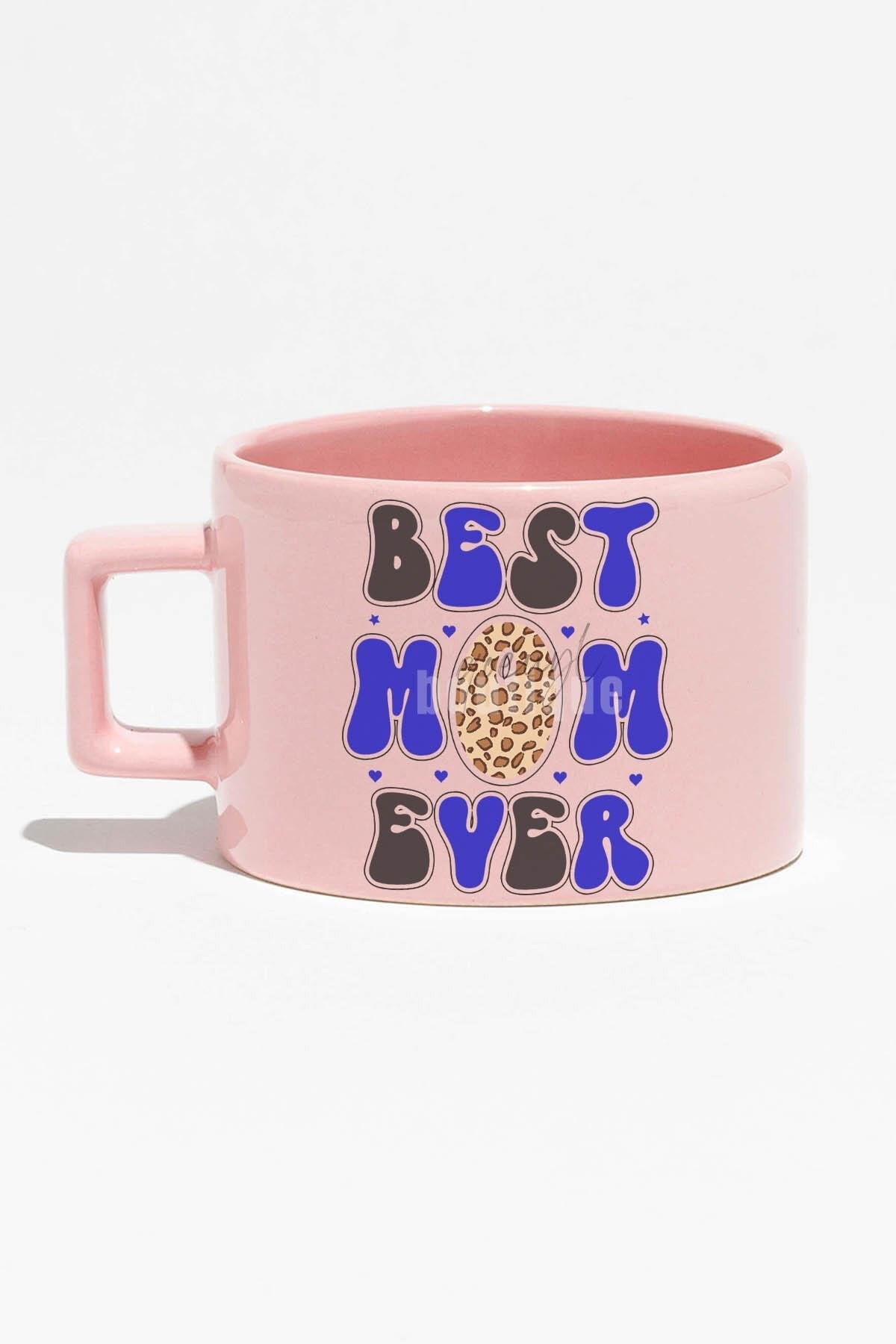 Best Mom Ever No:2 Baskılı Anneler Günü Hediyelik Mavi Dikdörtgen Kulplu Fincan Kupa Bardak