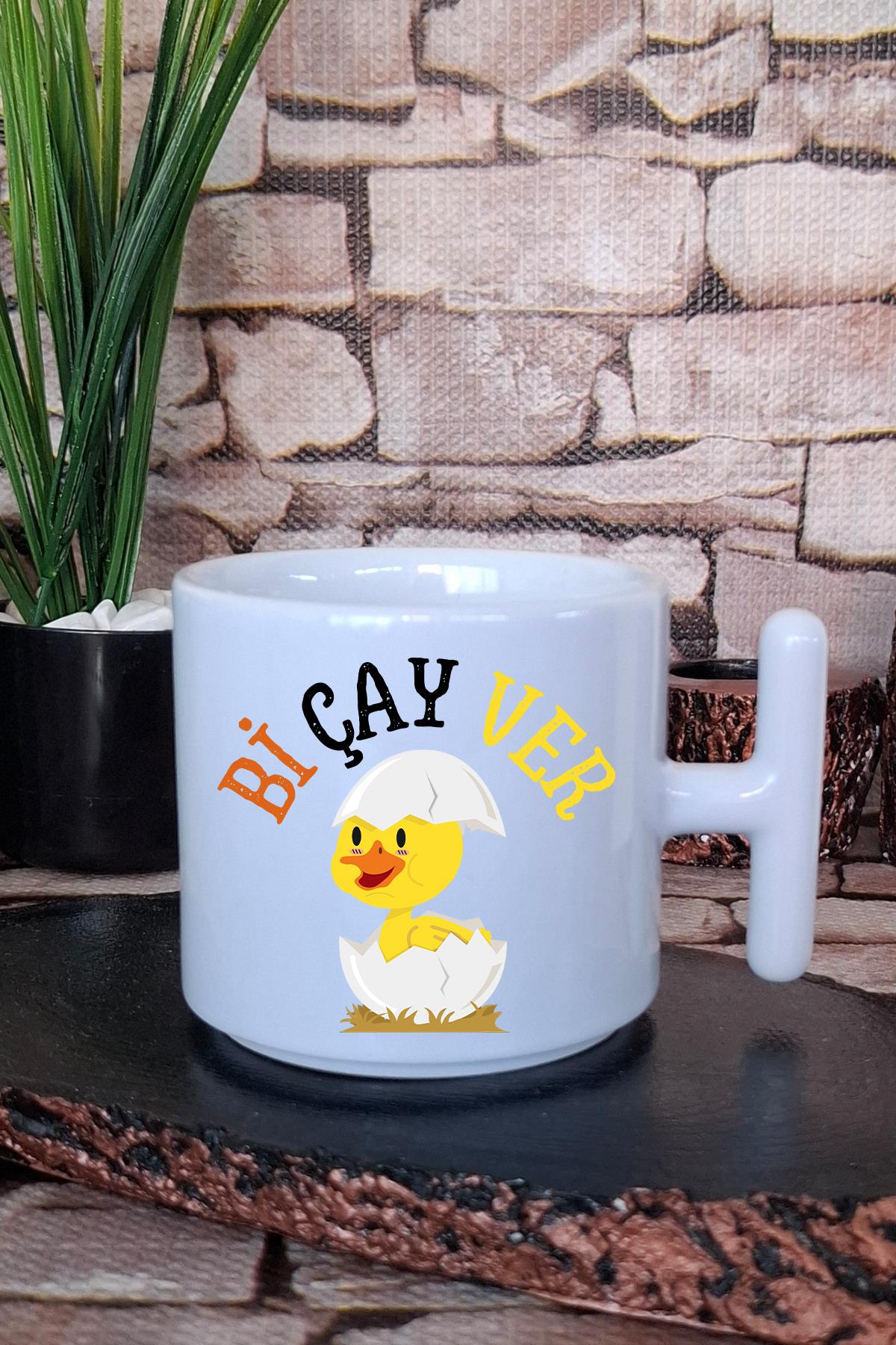 Bi Çay Ver-Sevimli Civciv Baskılı Eğlenceli Hediyelik T Kulplu Latte Fincanı Kupa Bardak