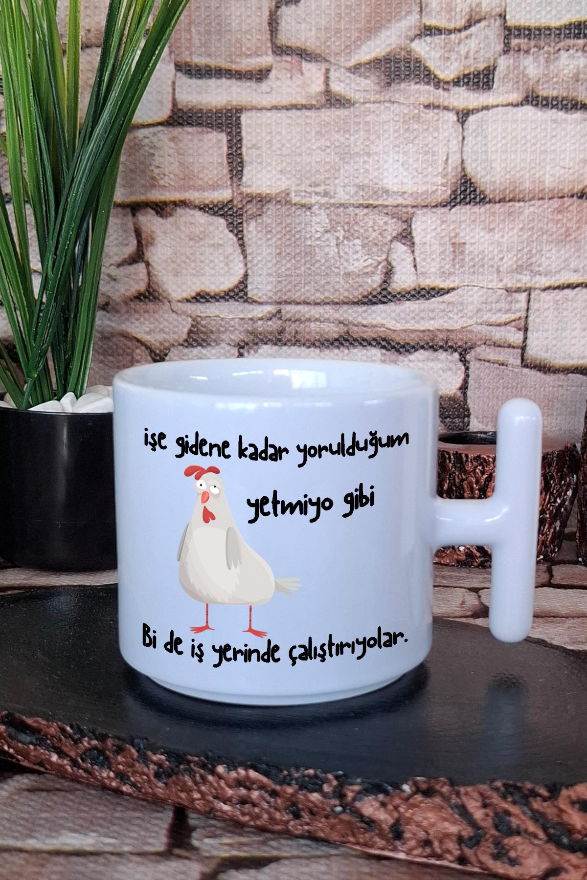 Bi de İş Yerinde Çalıştırıyolar-Komik Baskılı Hediyelik T Kulplu Latte Fincanı Kupa Bardak