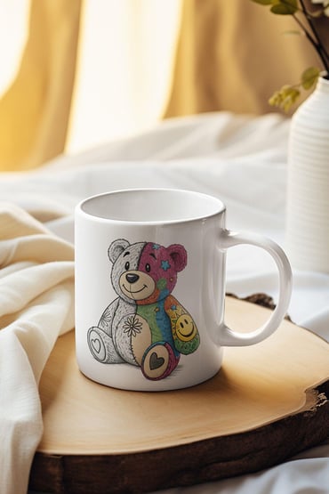 Bir Yarısı Renkli Bir Yarısı Siyah Beyaz Ayıcık Baskılı Eğlenceli Hediyelik Seramik Kupa Bardak