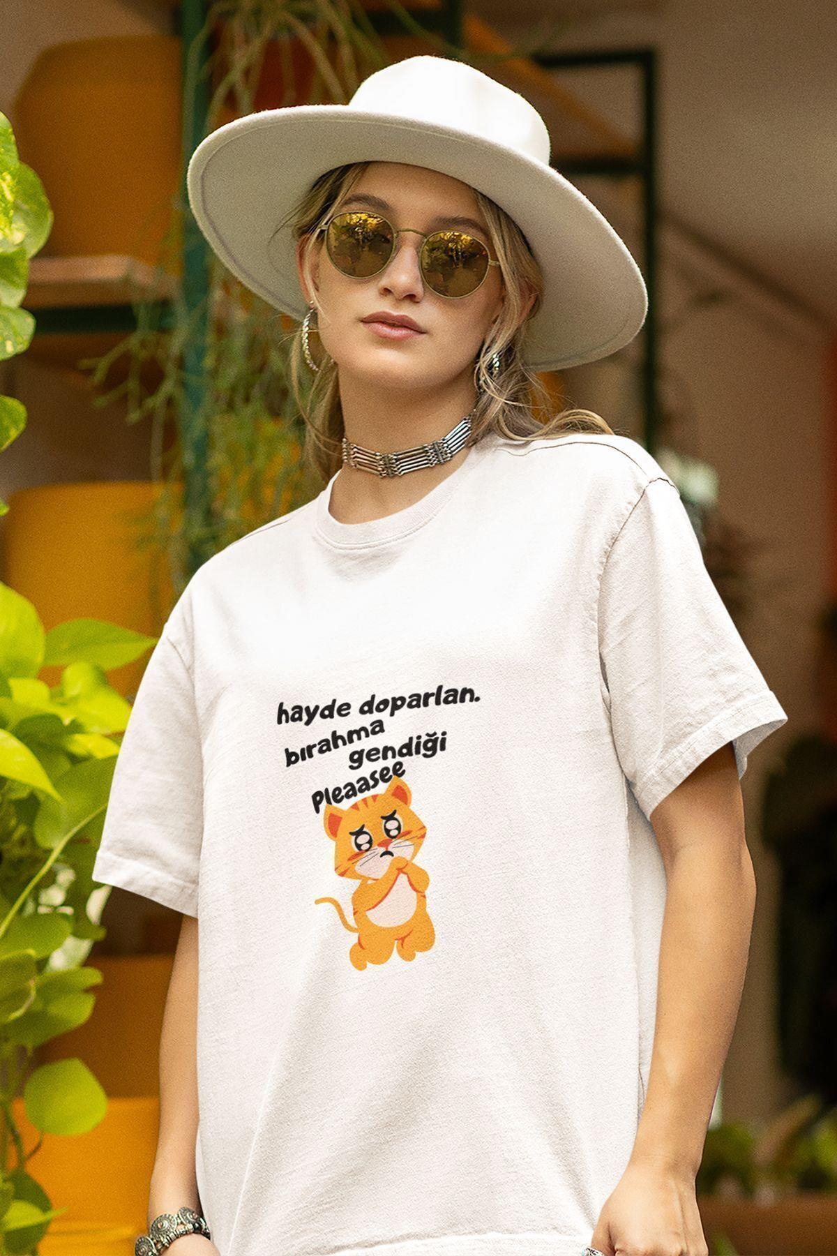 Bırakma Kendini-Kedi Baskılı Eğlenceli Motivasyon Beyaz Unisex T-Shirt