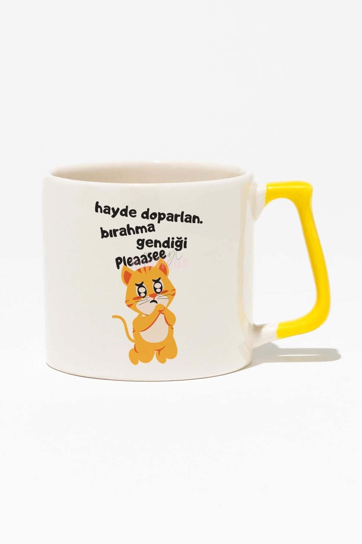 Bırakma Kendini-Kedi Eğlenceli Motivasyon Beyaz Baskılı Sarı Kulplu Modern Seramik Kupa
