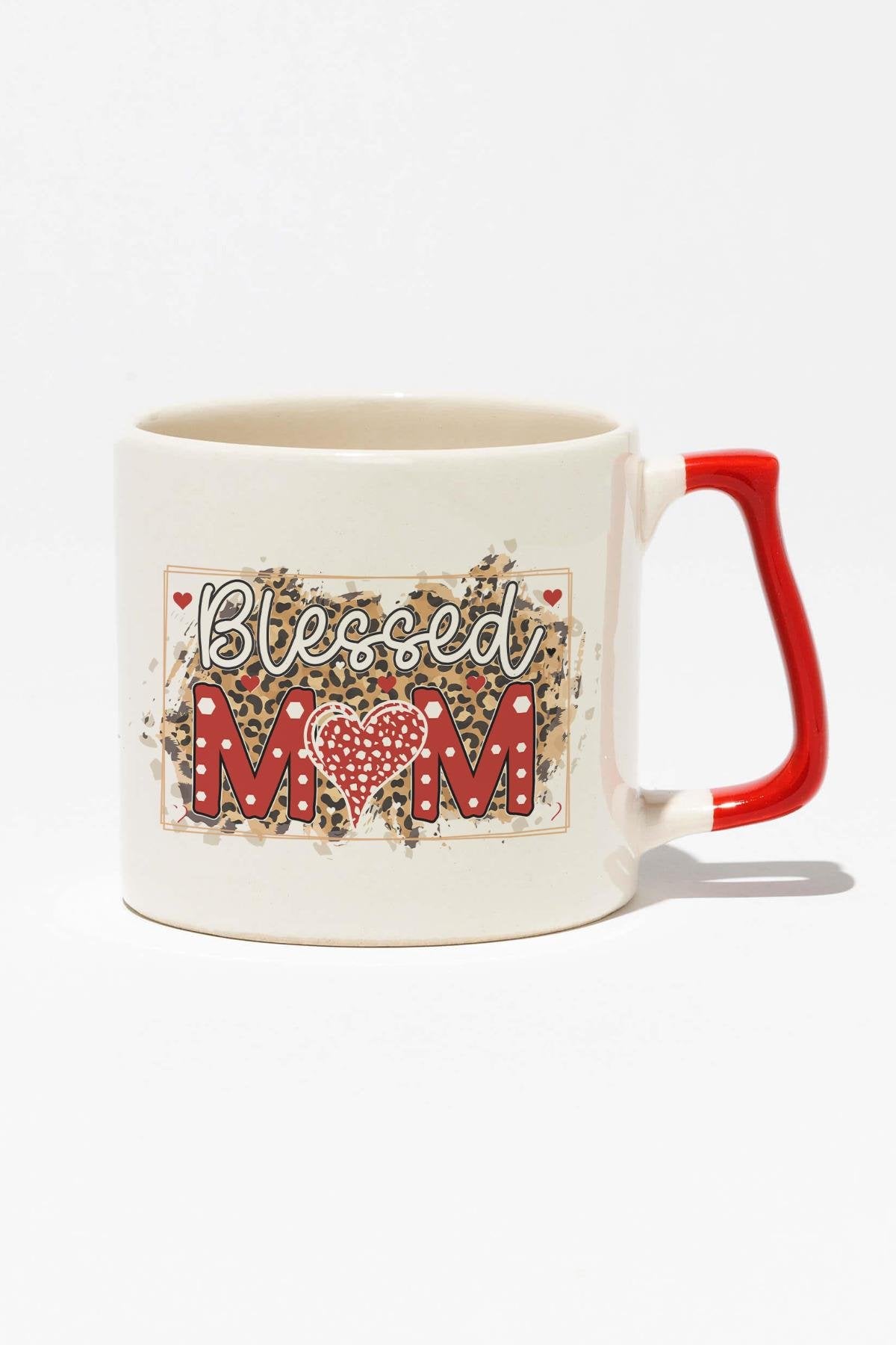 Blessed Mom Baskılı Anneler Günü Hediyelik Kırmızı Kulplu Modern Seramik Kupa