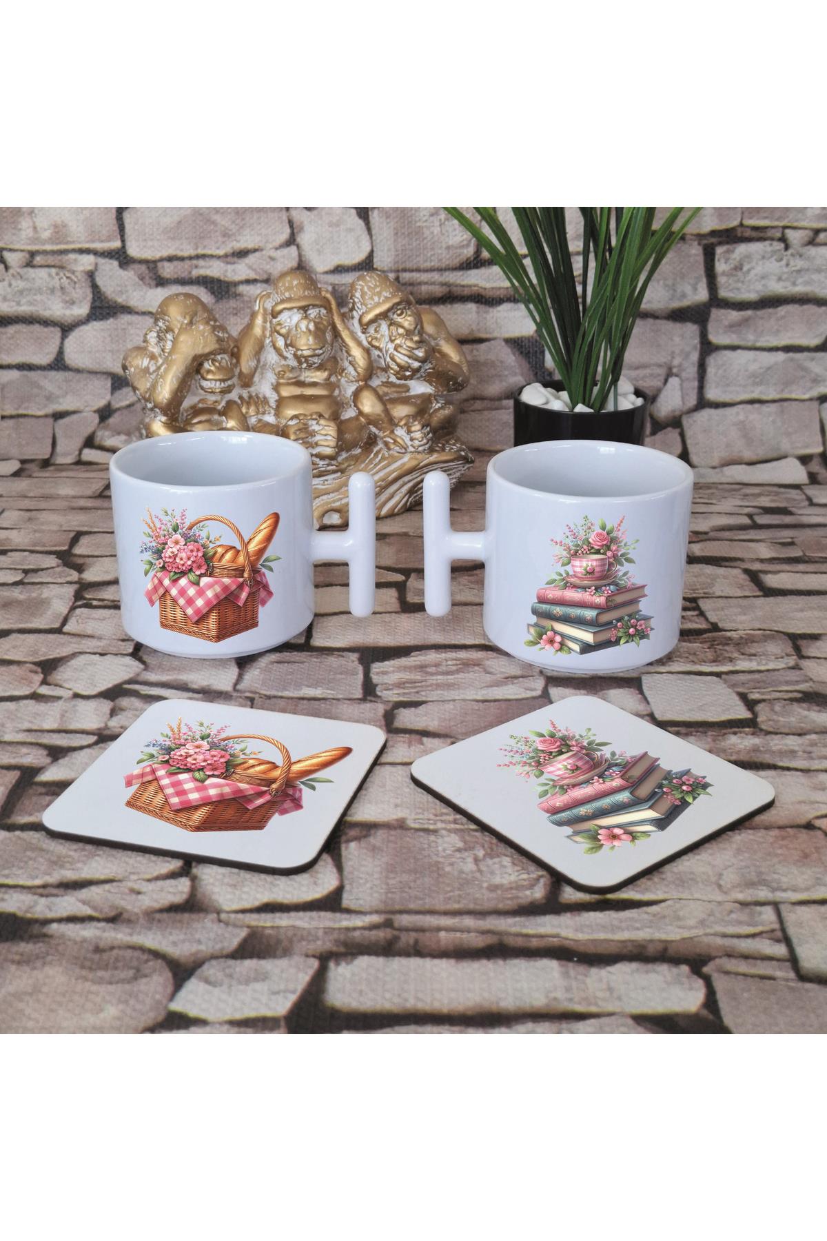 Bohem Yaz Temalı Baskılı 4'lü Set Ahşap Bardak Altlığı ve Latte Fincanı T Kulplu Kupa Bardak