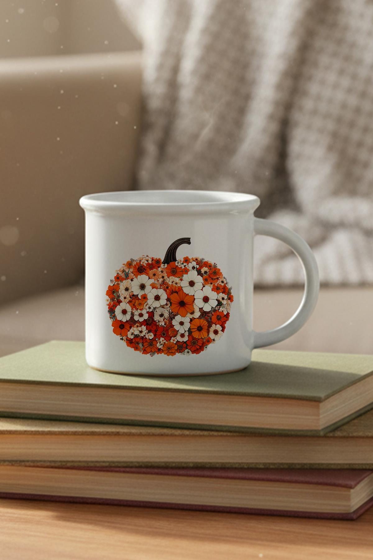 Boho Fall Pumpkin Floral Baskılı Enamel Görünümlü Seramik Vintage Kupa Bardak