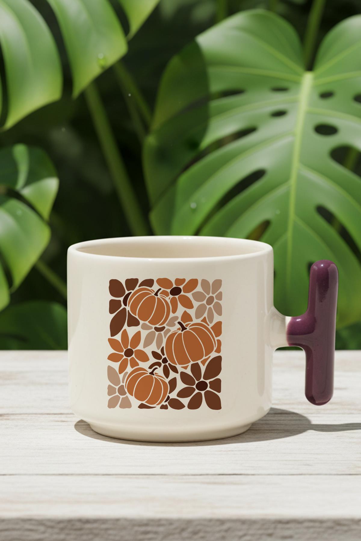 Boho Floral Fall Pumpkin Baskılı Hediyelik T Kulplu Latte Fincanı Kupa Bardak