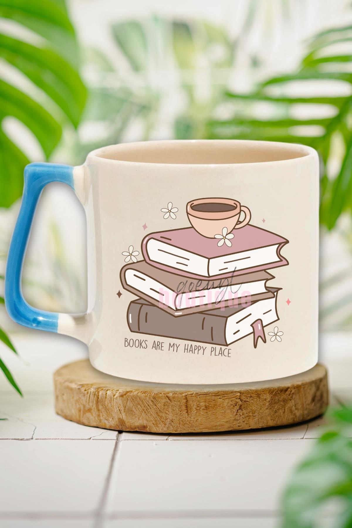 Books Are My Happy Place Yazılı Kitap Sever Mutluluğu Hediyelik Kulplu Kupa Bardak