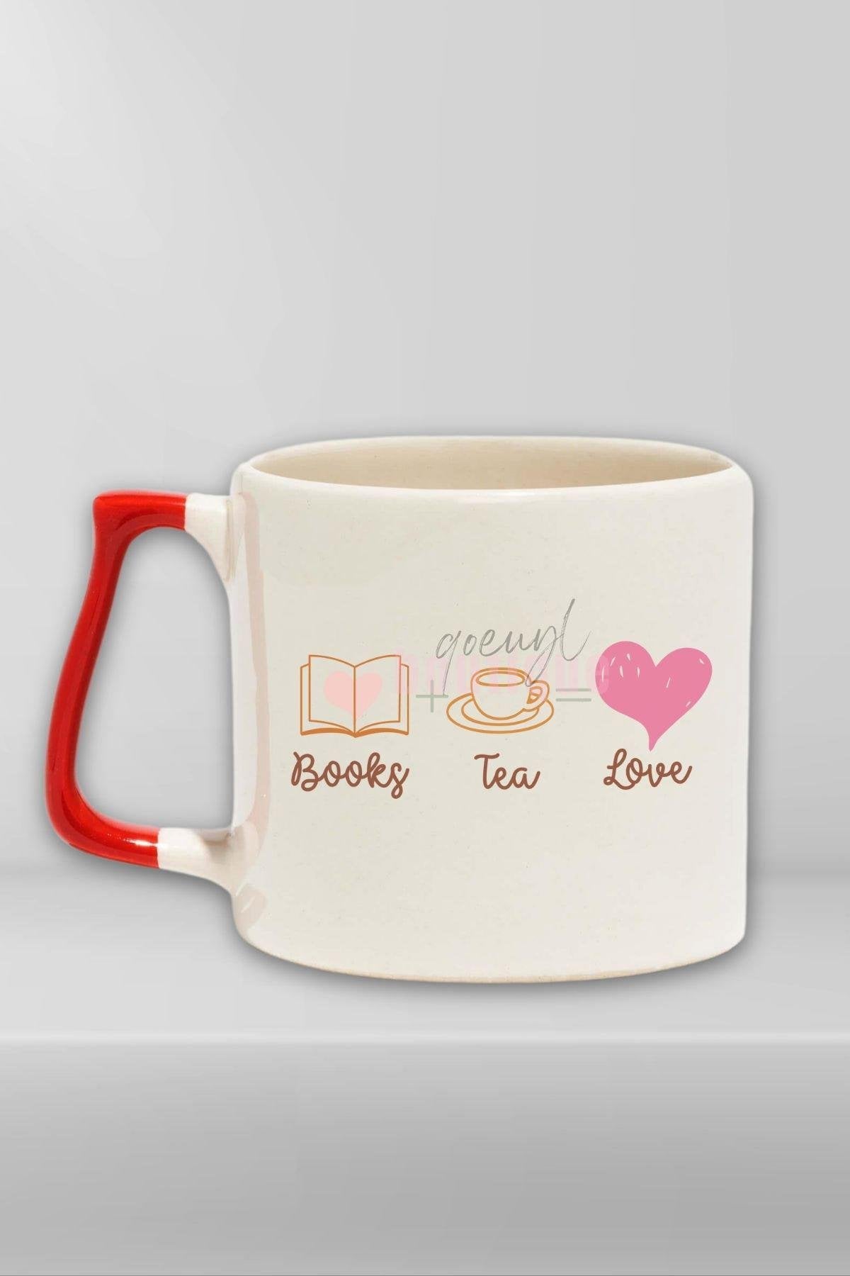 Books Tea Love Temalı Kitap ve Çay Aşkı Hediyelik Kırmızı Kulplu Kupa Bardak