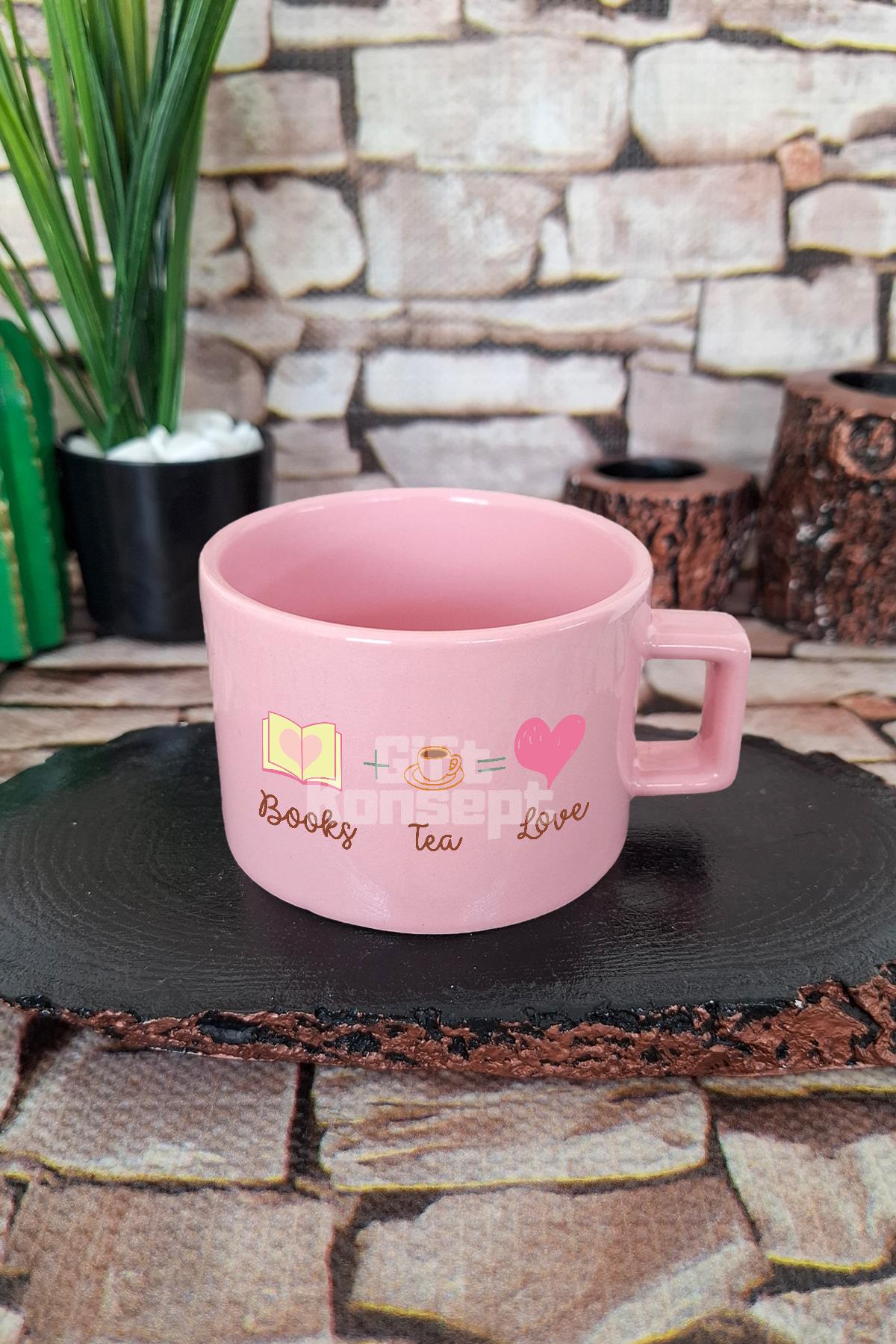 Books Tea Love Temalı Kitap ve Çay Aşkı Kare Kulplu Fincan Mavi Kupa Bardak