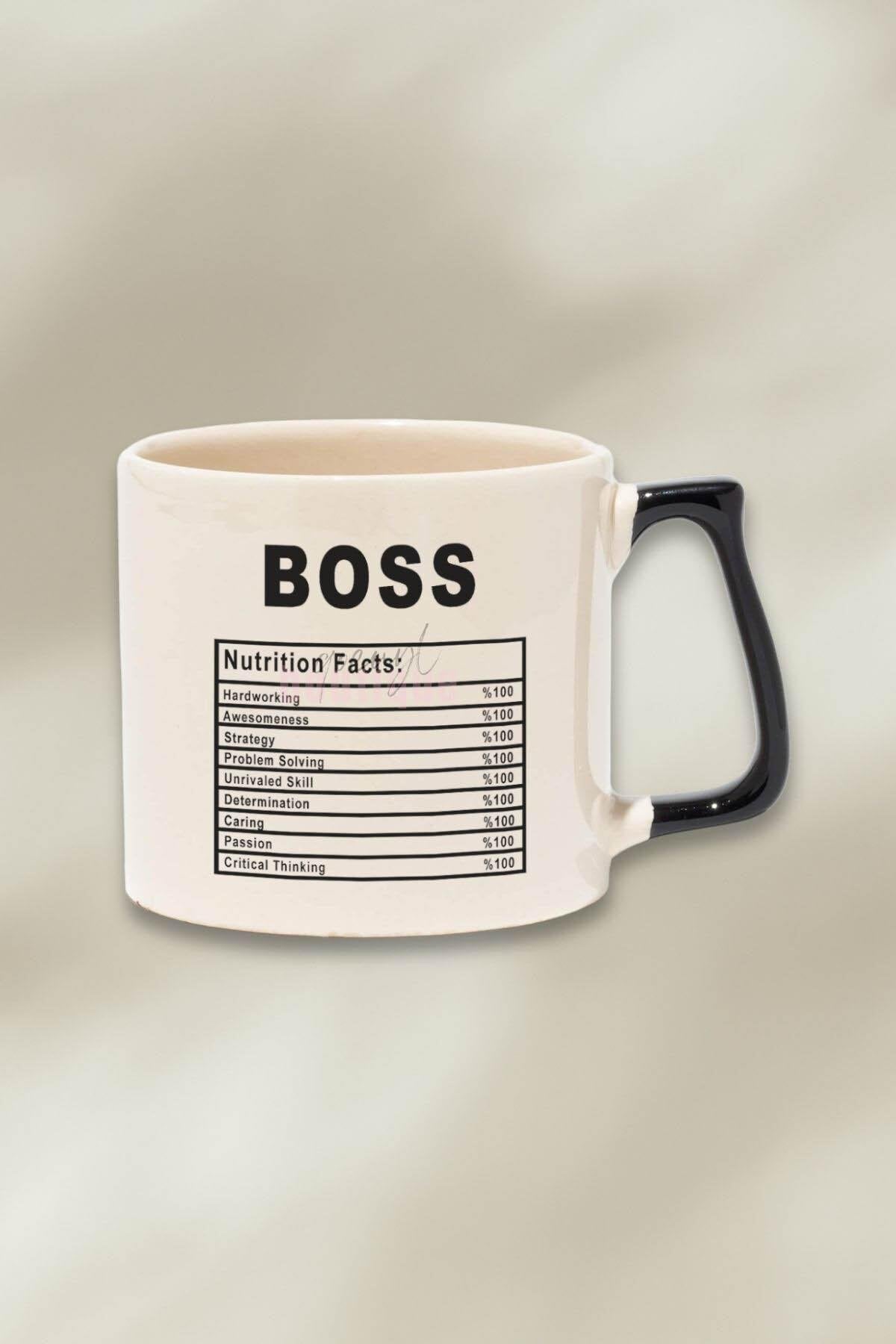 Boss Nutriton Facts Baskılı | Patron Hediyelik | Kırmızı Kulplu Modern Seramik Kupa