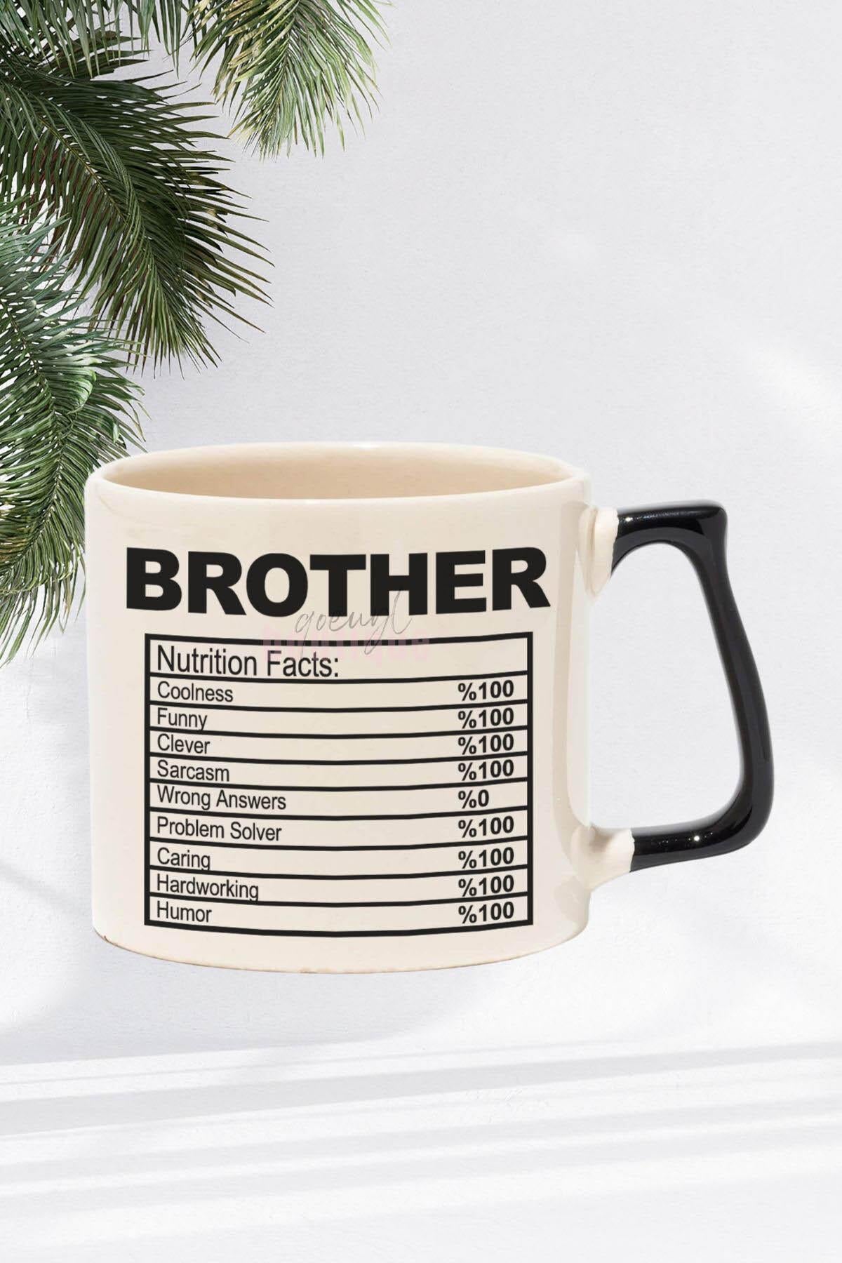 Brother Nutrition Facts Baskılı | Erkek Kardeş Abi Hediyelik | Kırmızı Kulplu Modern Seramik Kupa