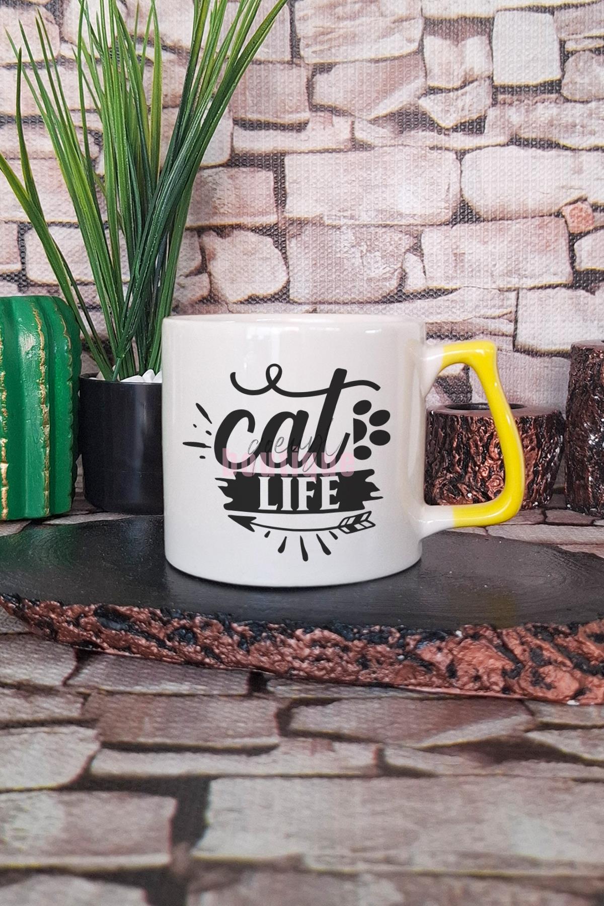 Cat Life Temalı Kedi Hayatı Kedisever Yaşam Tarzı Hediyelik Kulplu Kupa Bardak