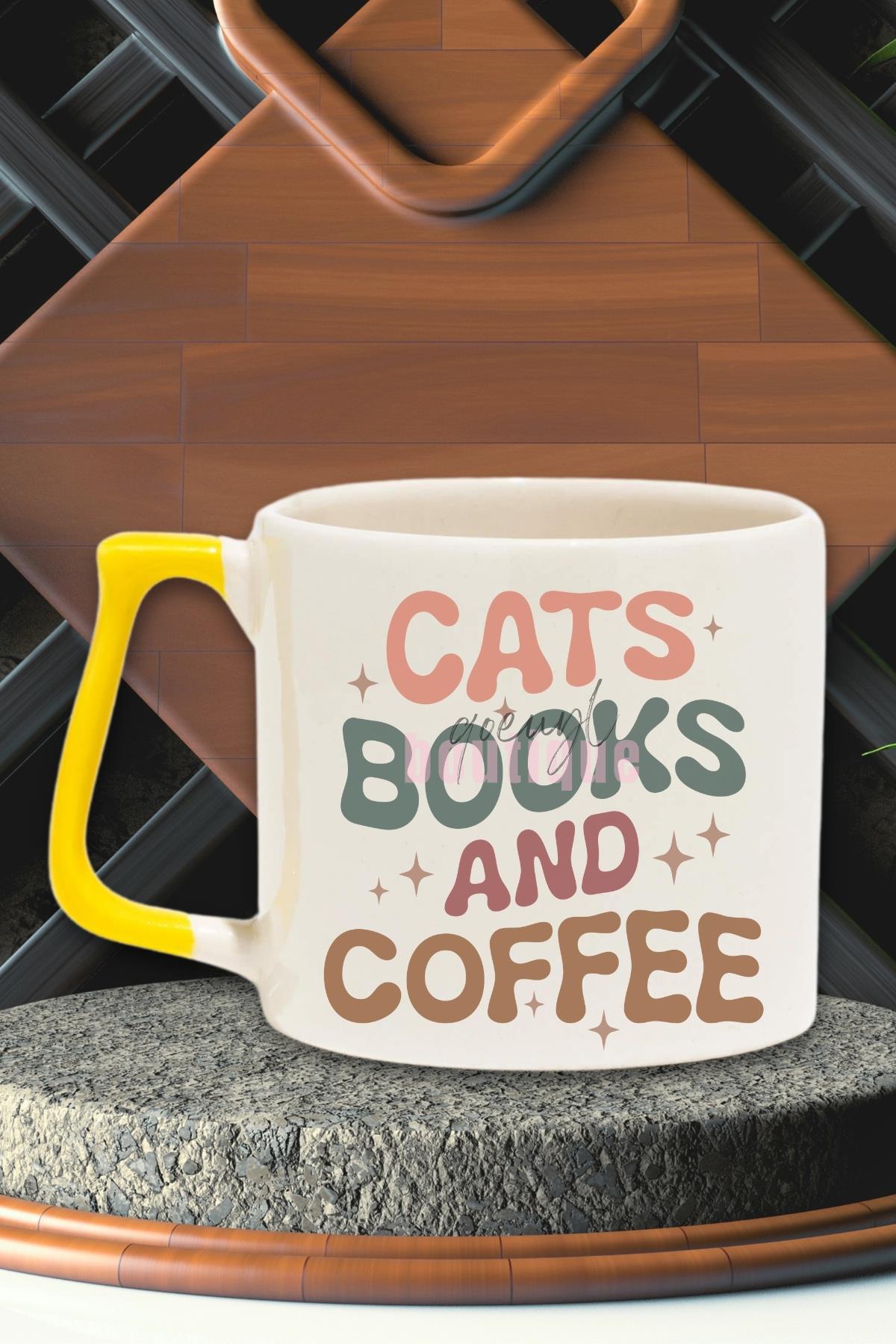 Cats Books And Coffee Temalı Kedi Kitap Kahve Üçlüsü Hediyelik Kulplu Kupa Bardak