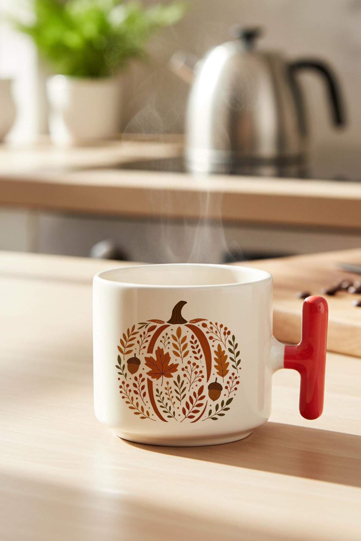 Chinoiserie Pumpkin Floral Fall Baskılı Hediyelik T Kulplu Latte Fincanı Kupa Bardak