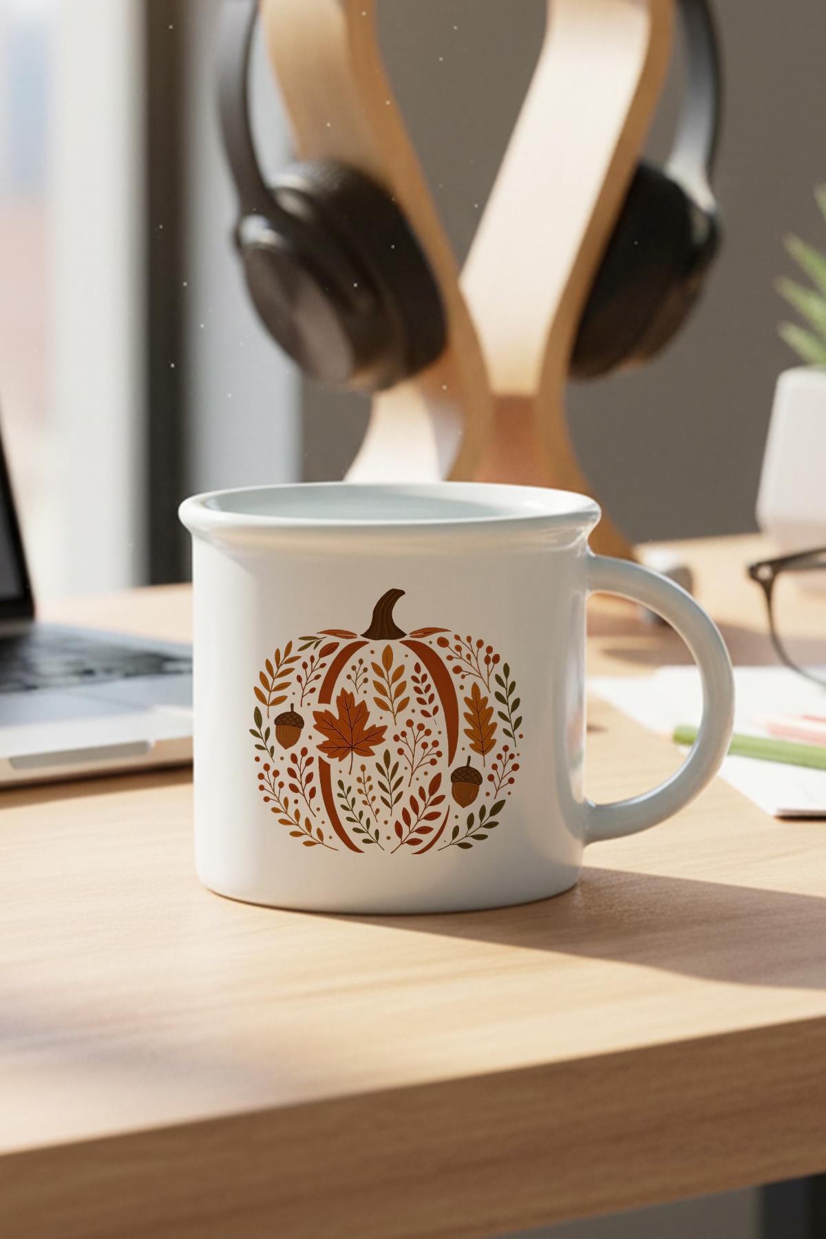 Chinoiserie Pumpkin Floral Fall Baskılı Enamel Görünümlü Seramik Vintage Kupa Bardak