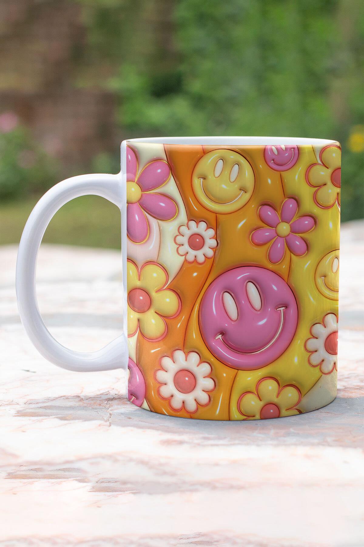 Çiçek ve Emoji Temalı 3D Tasarım Görünümlü Baskılı Kupa Bardak Mug