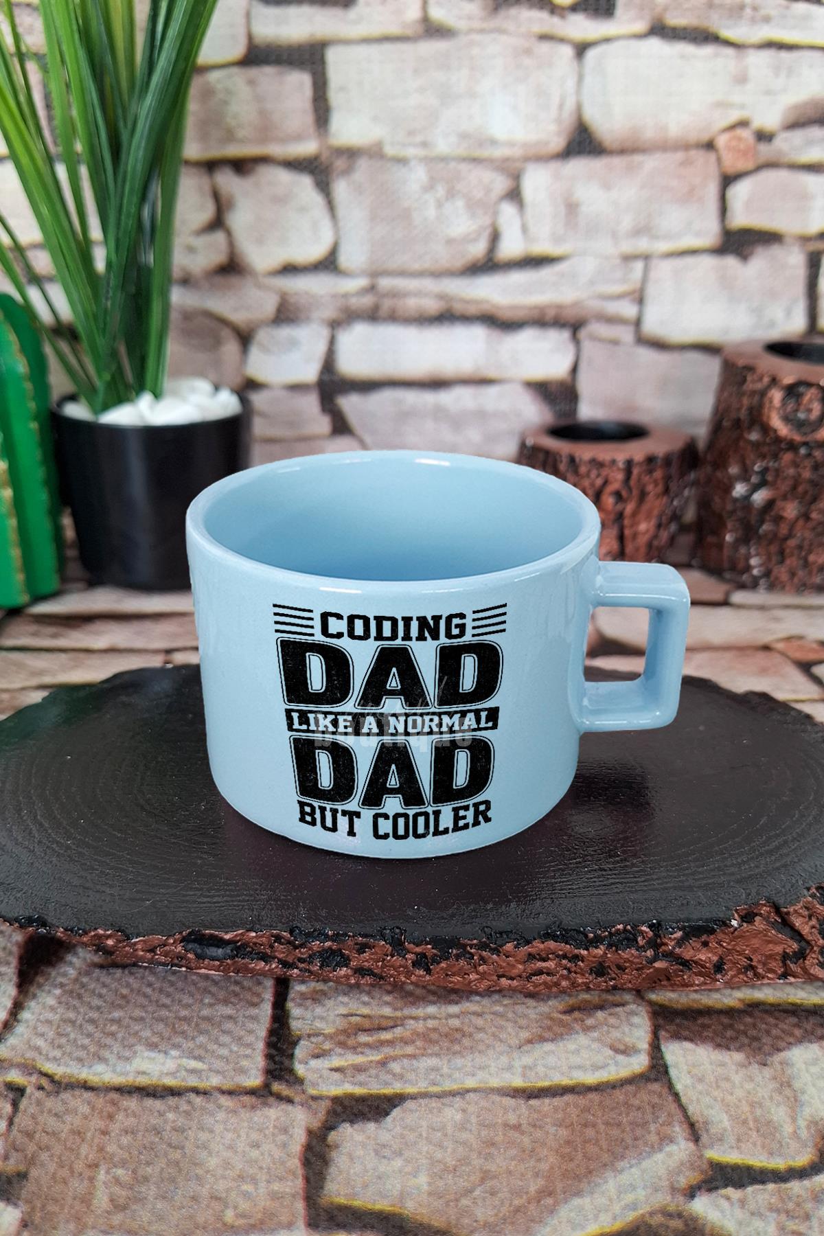 Coding Dad Cooler Baskılı Yazılımcı Kare Kulplu Fincan Mavi Kupa Bardak