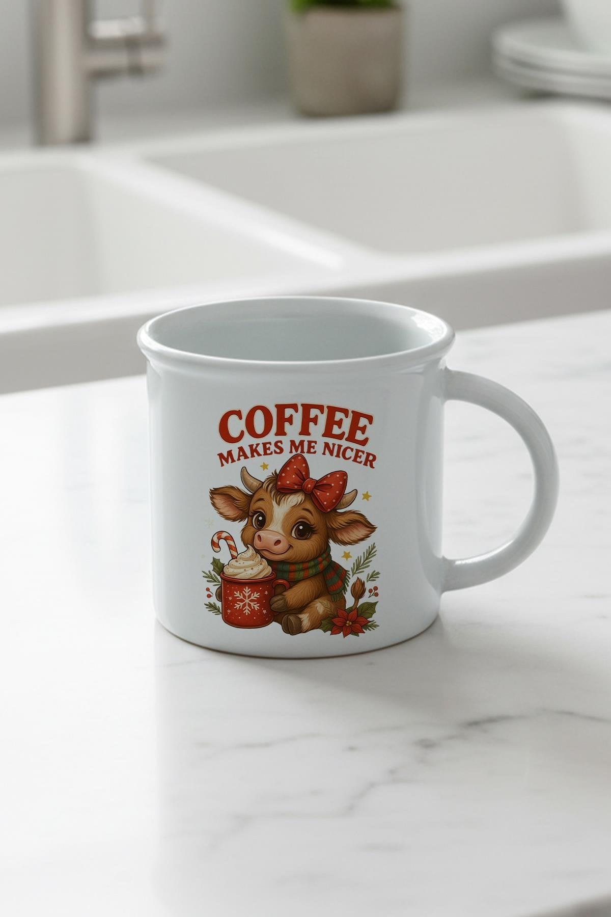 Coffee Makes Me Nicer Sevimli İnek Baskılı Enamel Görünümlü Seramik Vintage Kupa Bardak