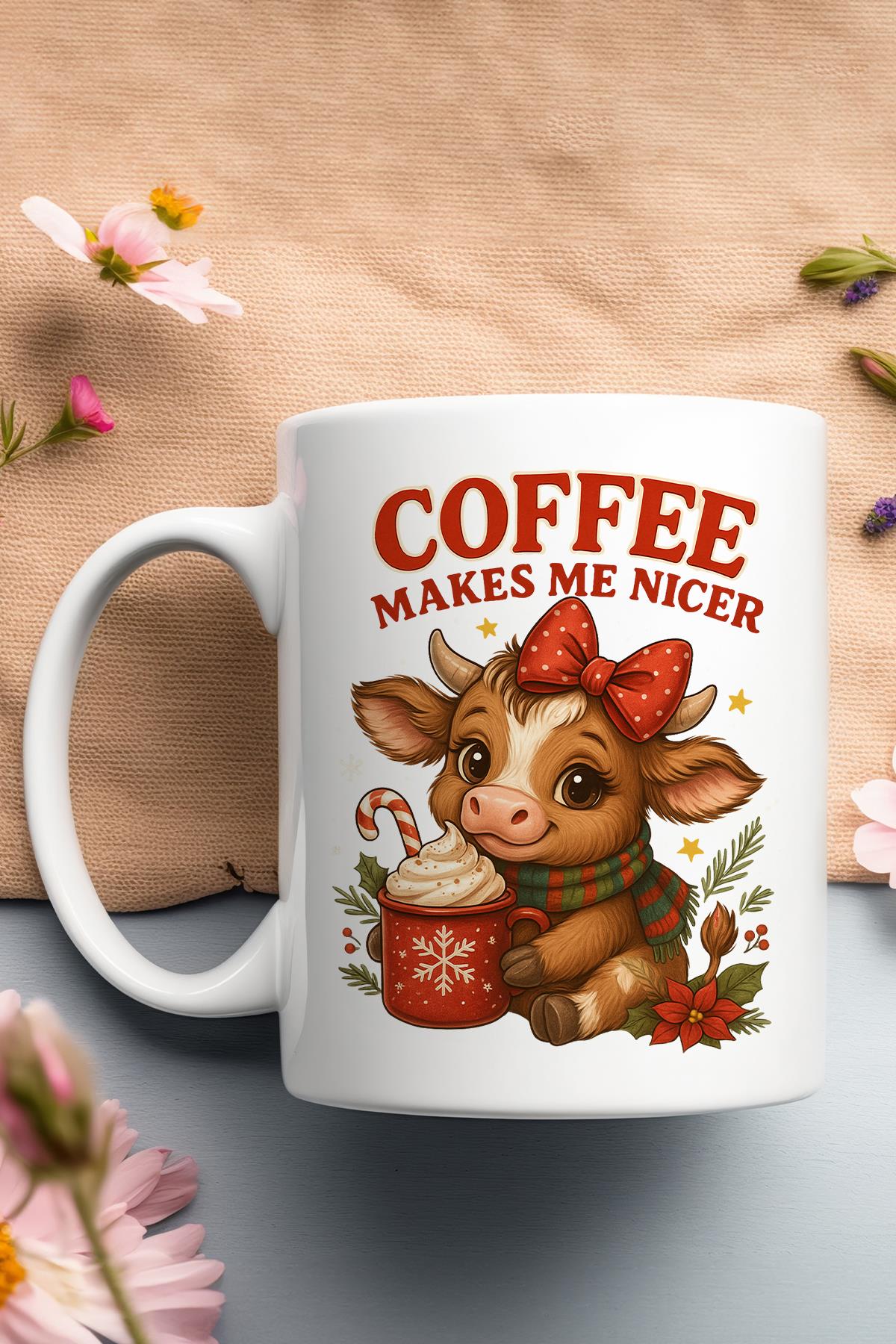 Coffee Makes Me Nicer Sevimli İnek Baskılı Hediyelik Kupa Bardak