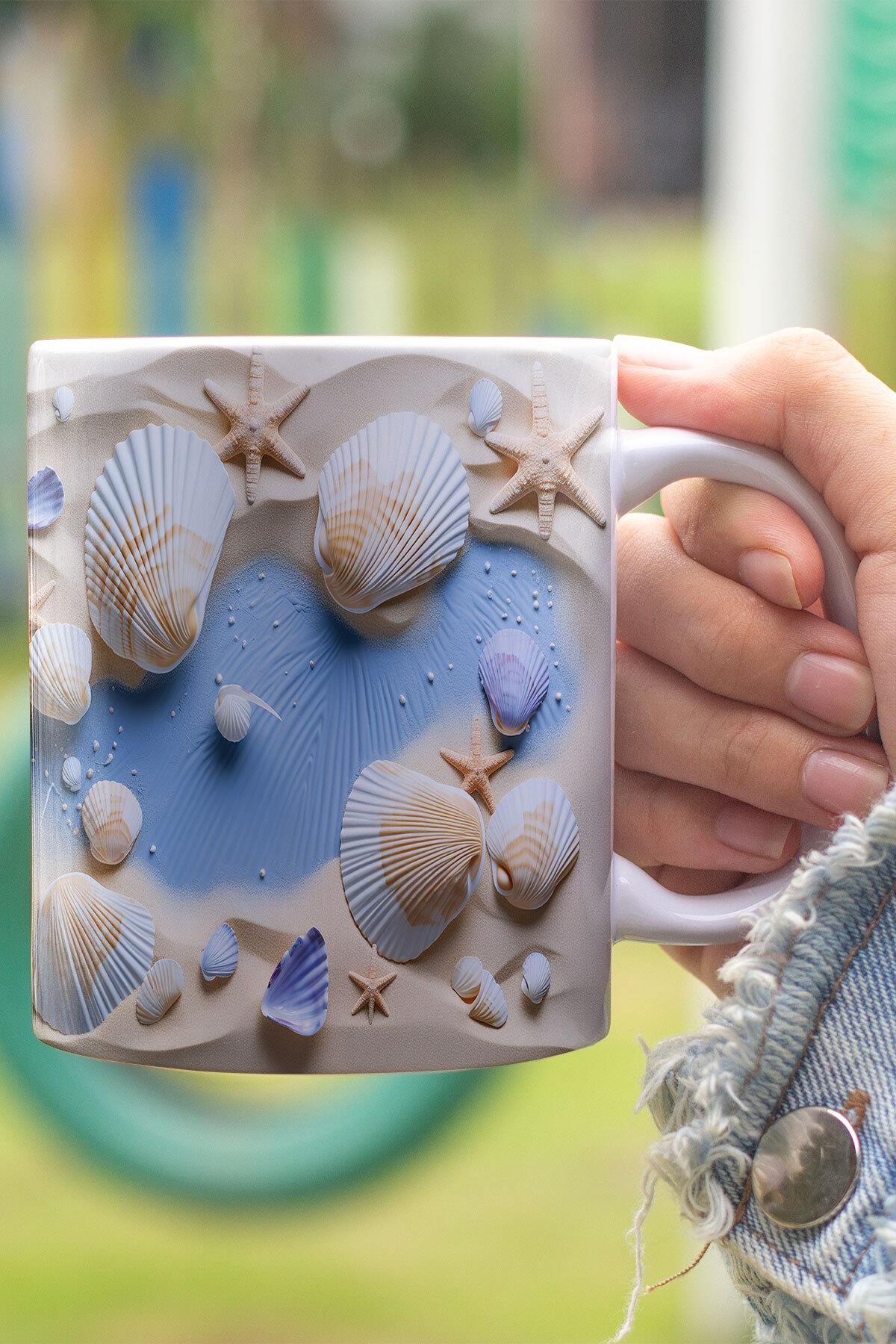 Deniz Kabukları 3D Tasarım Görünümlü Baskılı Kupa Bardak Mug