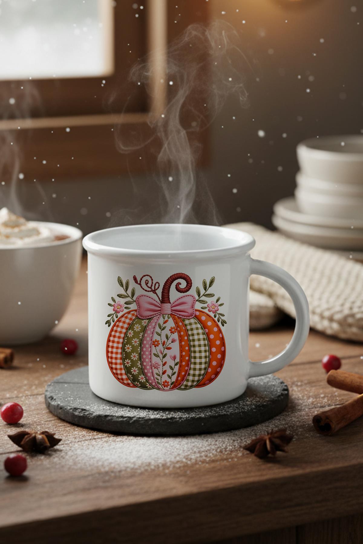 Desenli Balkabağı Baskılı Enamel Görünümlü Seramik Vintage Kupa Bardak