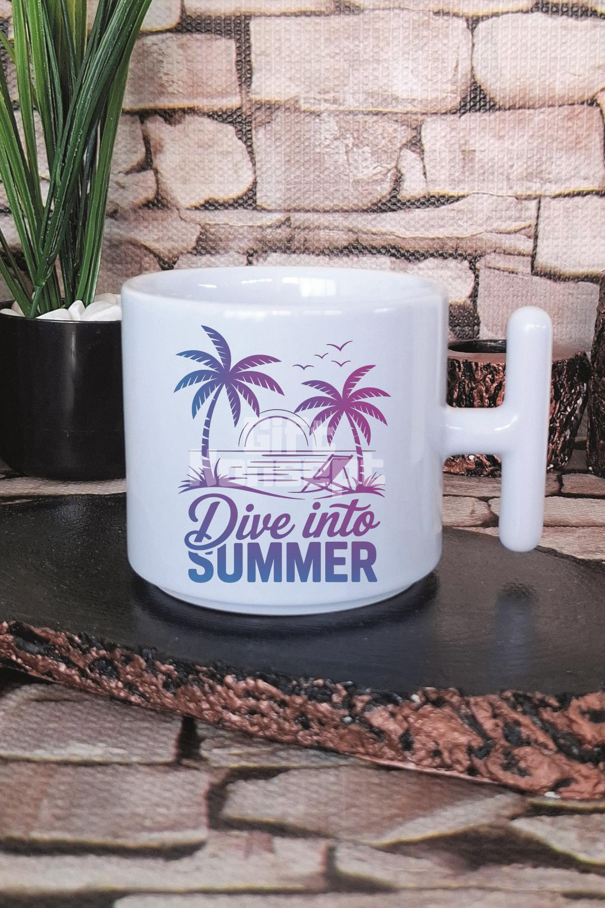 Dive İnto Summer Baskılı T Kulplu Latte Fincanı Kupa Bardak