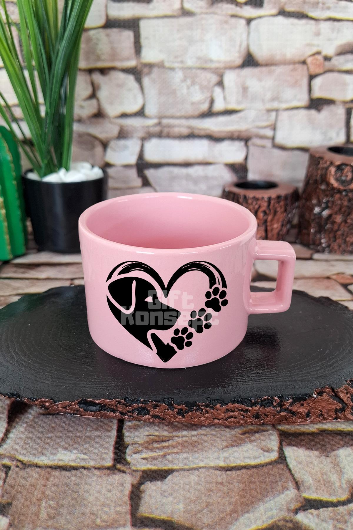 Dog Paw Heart Baskılı Köpek Pati Kalp Köpeksever Aşkı Kare Kulplu Fincan Mavi Kupa Bardak